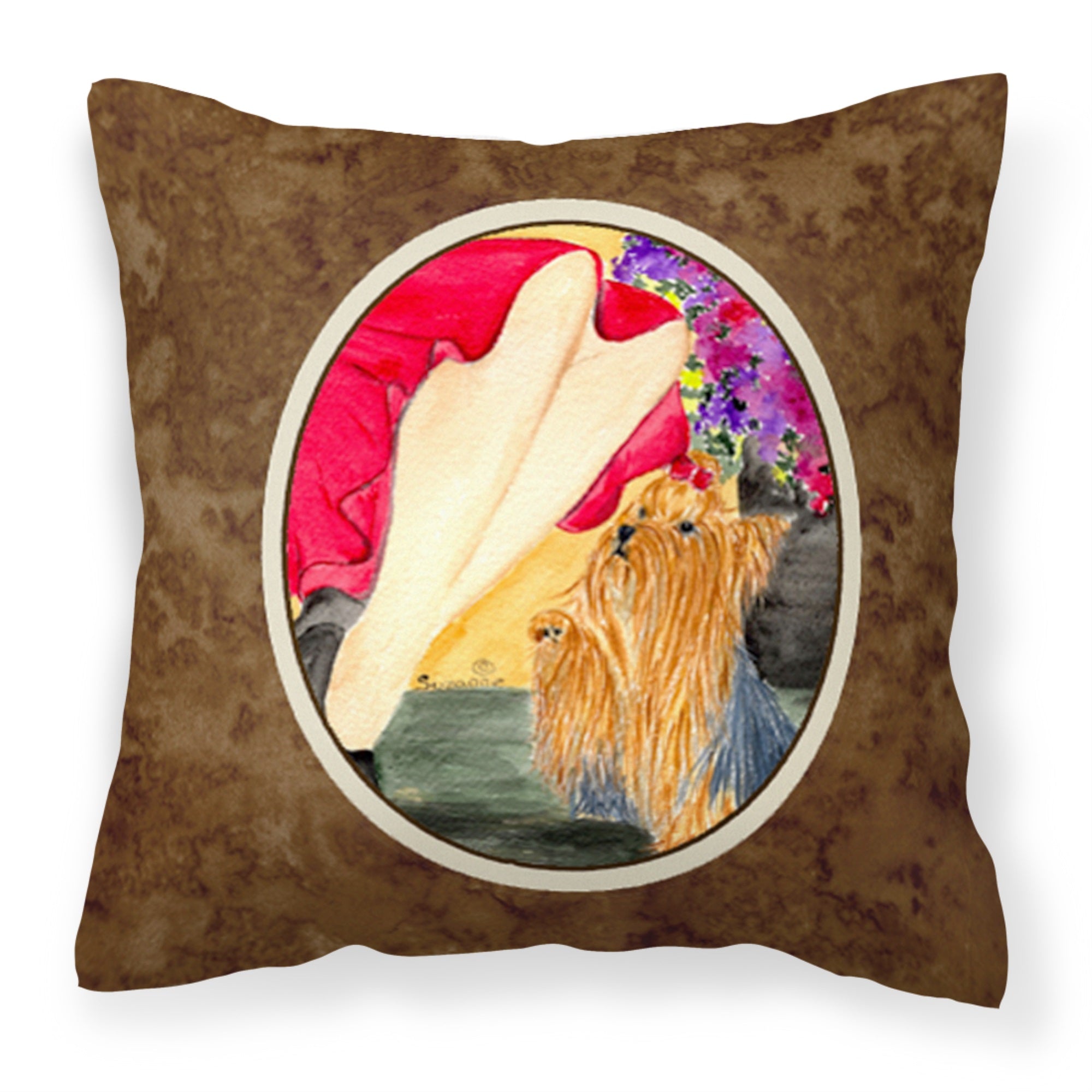 Lady With Her Yorkie Fabric Decorative Pillow