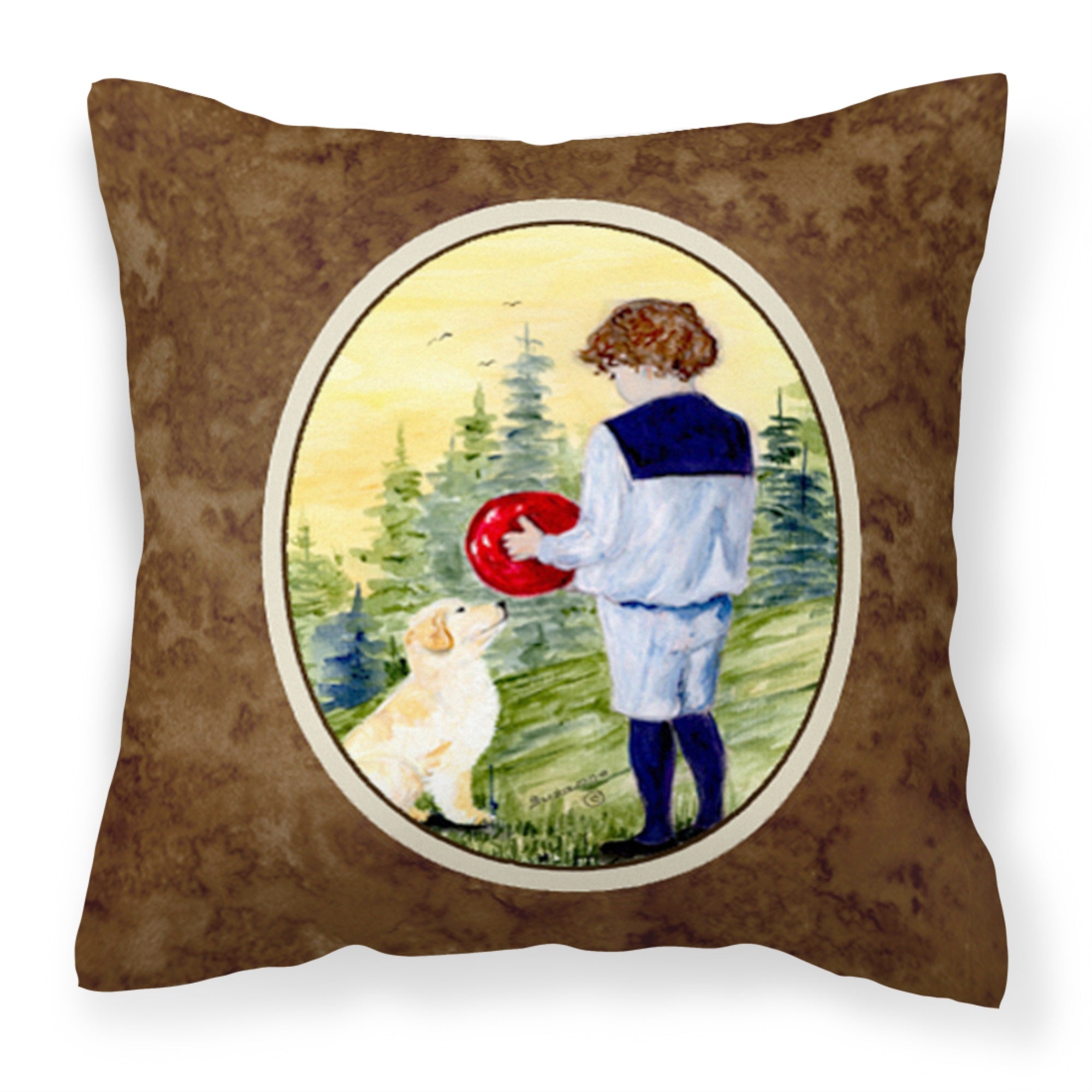 Little Boy With His Golden Retriever Fabric Decorative Pillow