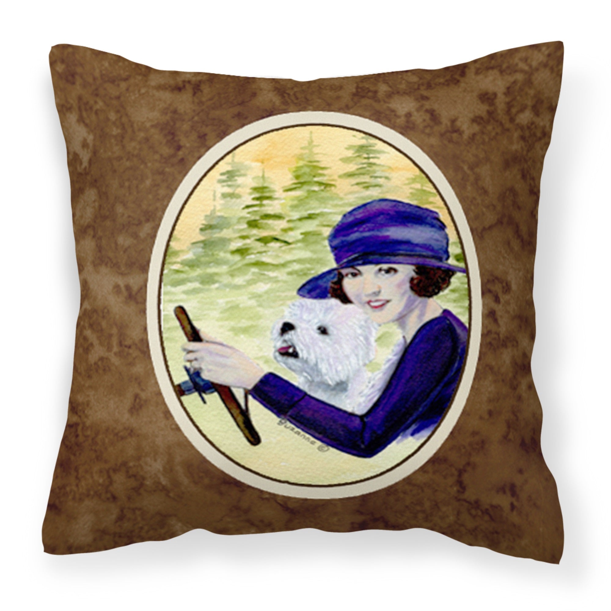 Woman Driving With Her Westie Fabric Decorative Pillow