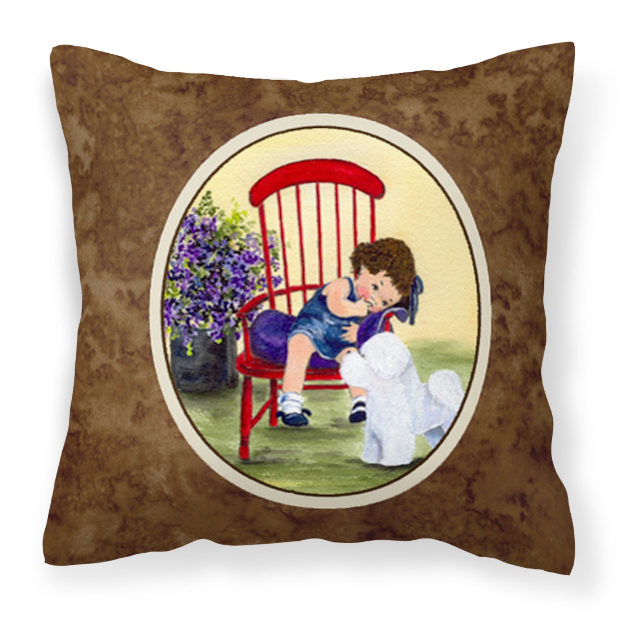 Little Girl With Her Bichon Frise Fabric Decorative Pillow