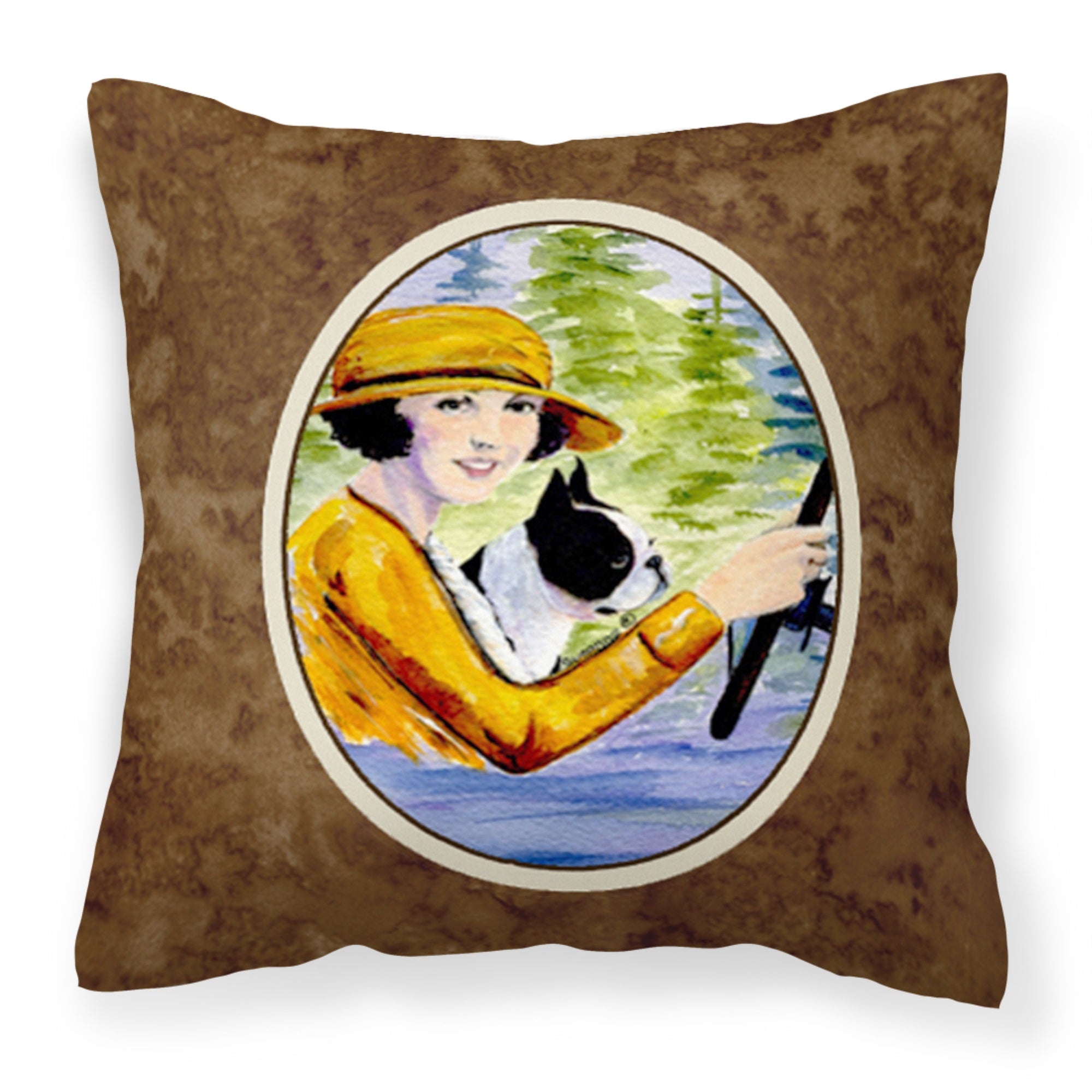 Woman Driving With Her Boston Terrier Fabric Decorative Pillow
