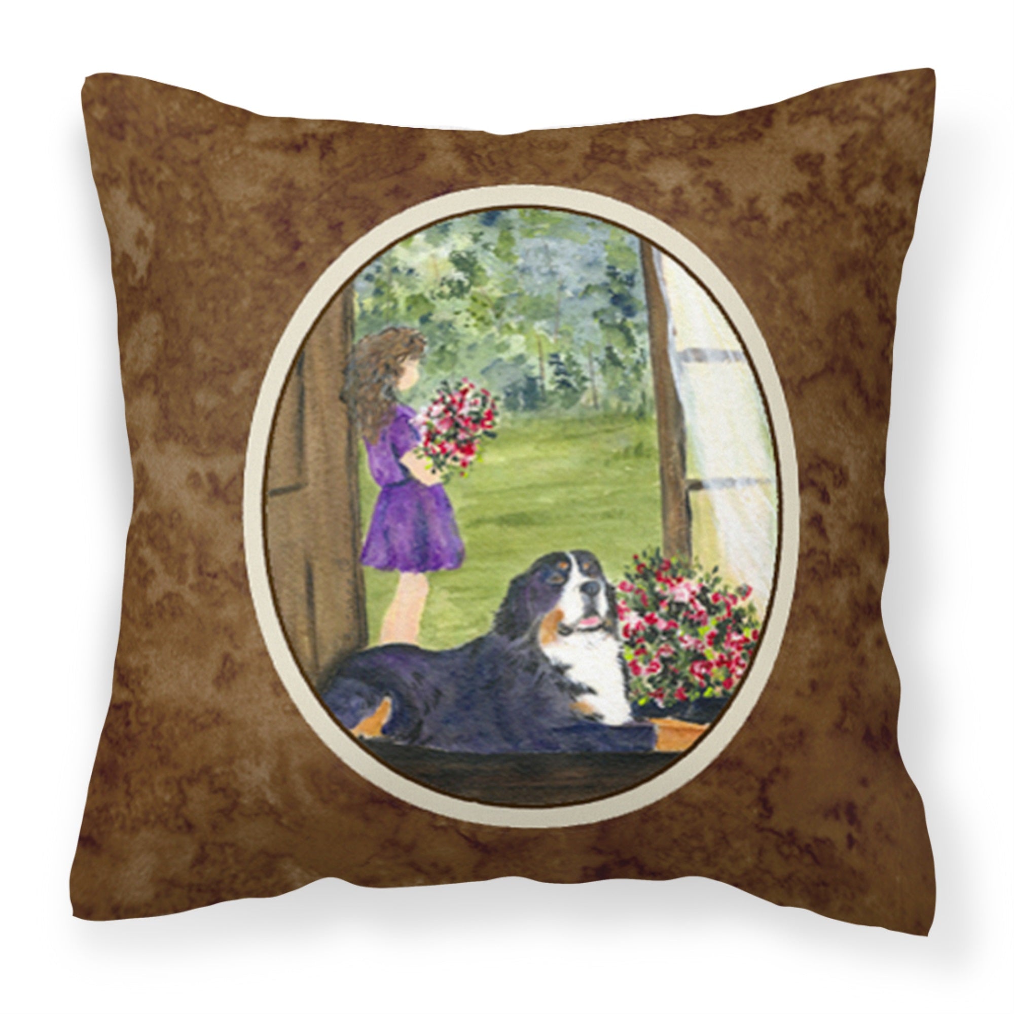 Little Girl With Her Bernese Mountain Dog Fabric Decorative Pillow