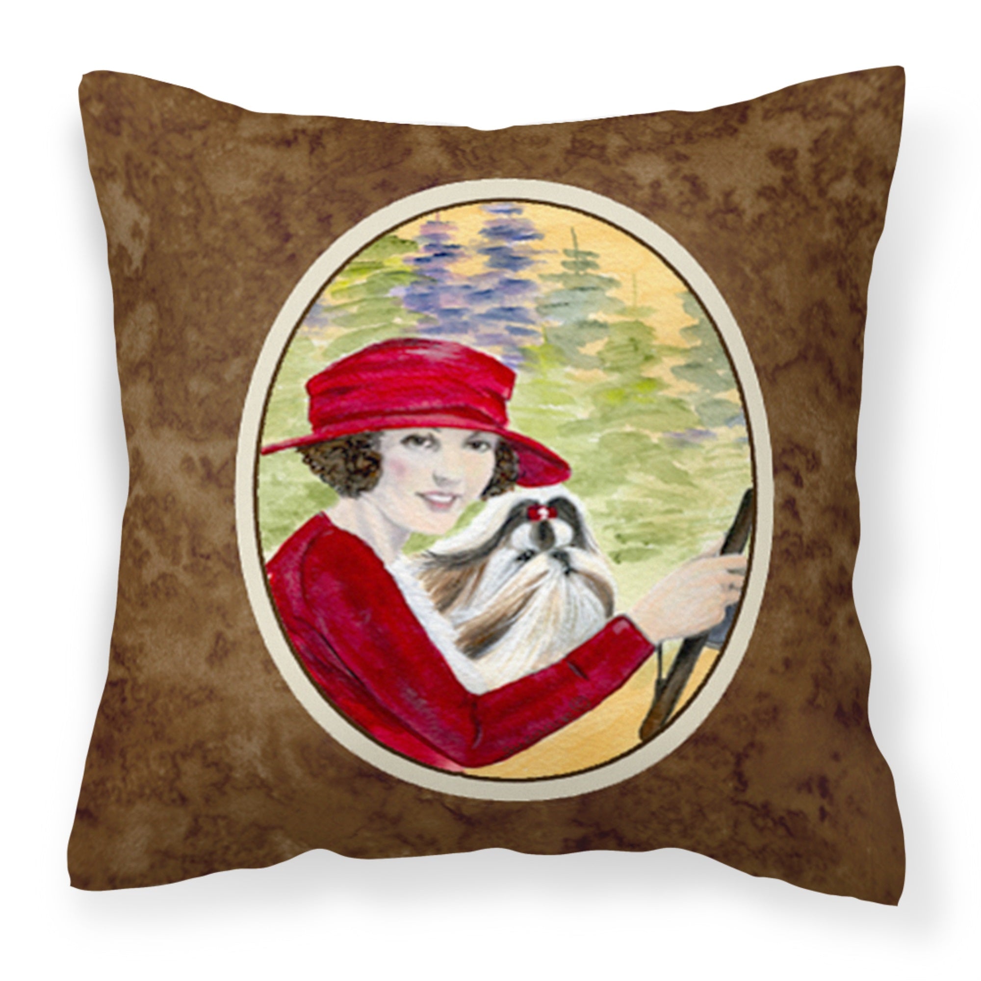 Lady Driving With Her Shih Tzu Fabric Decorative Pillow