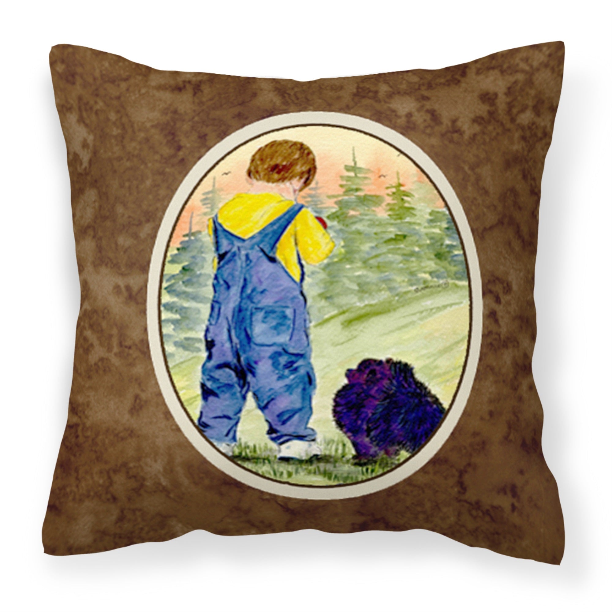 Little Boy With His  Pomeranian Fabric Decorative Pillow