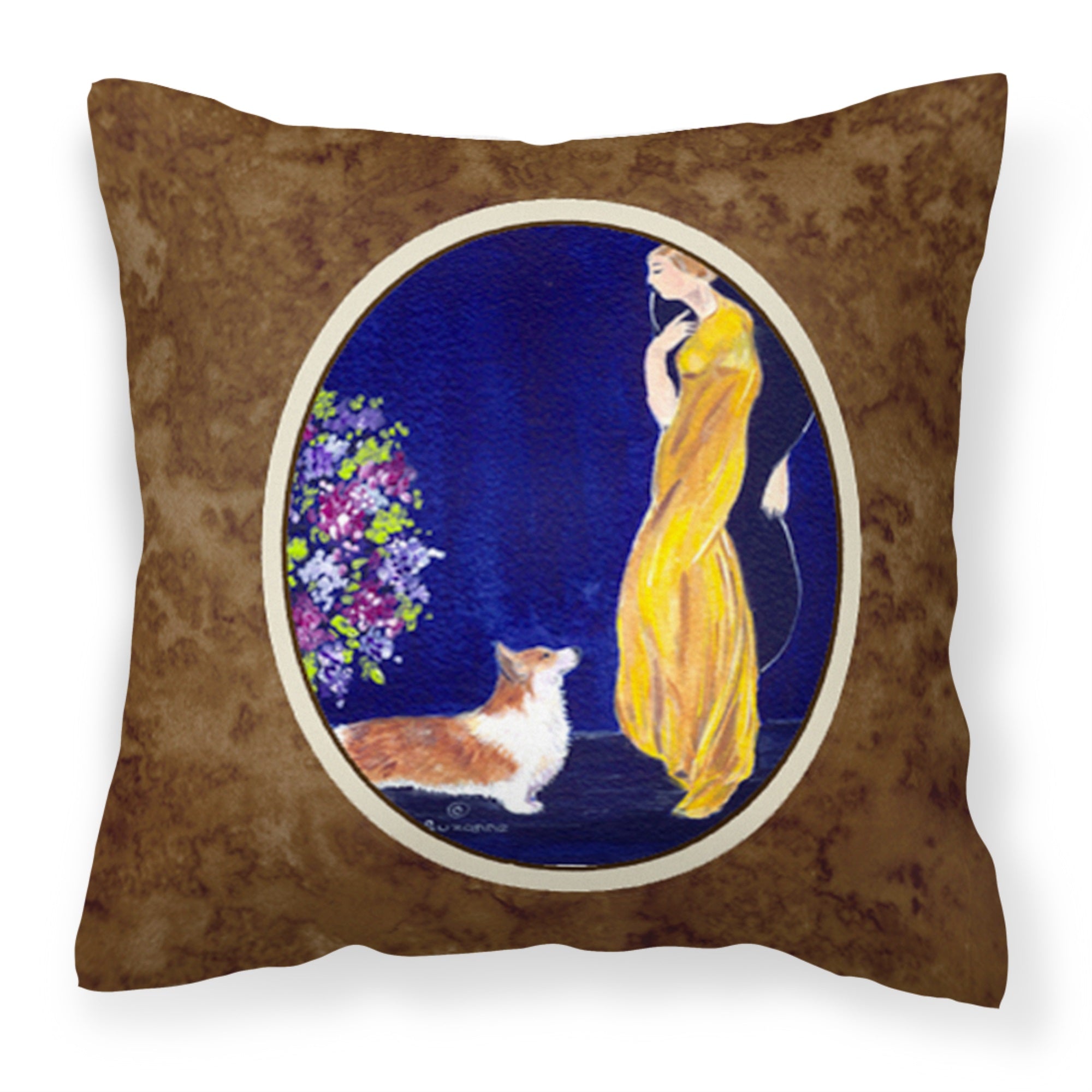 Lady With Her Corgi Fabric Decorative Pillow