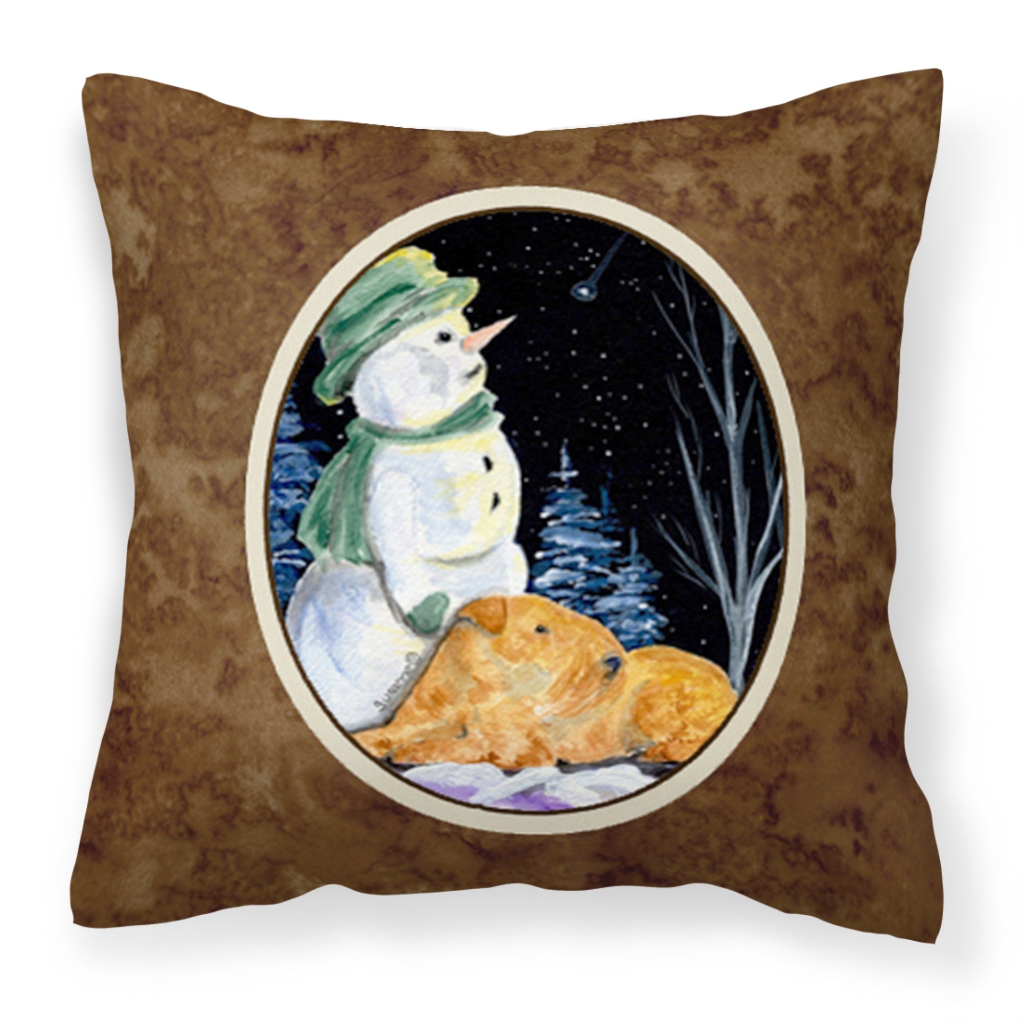 Snowman With Lakeland Terrier Fabric Decorative Pillow