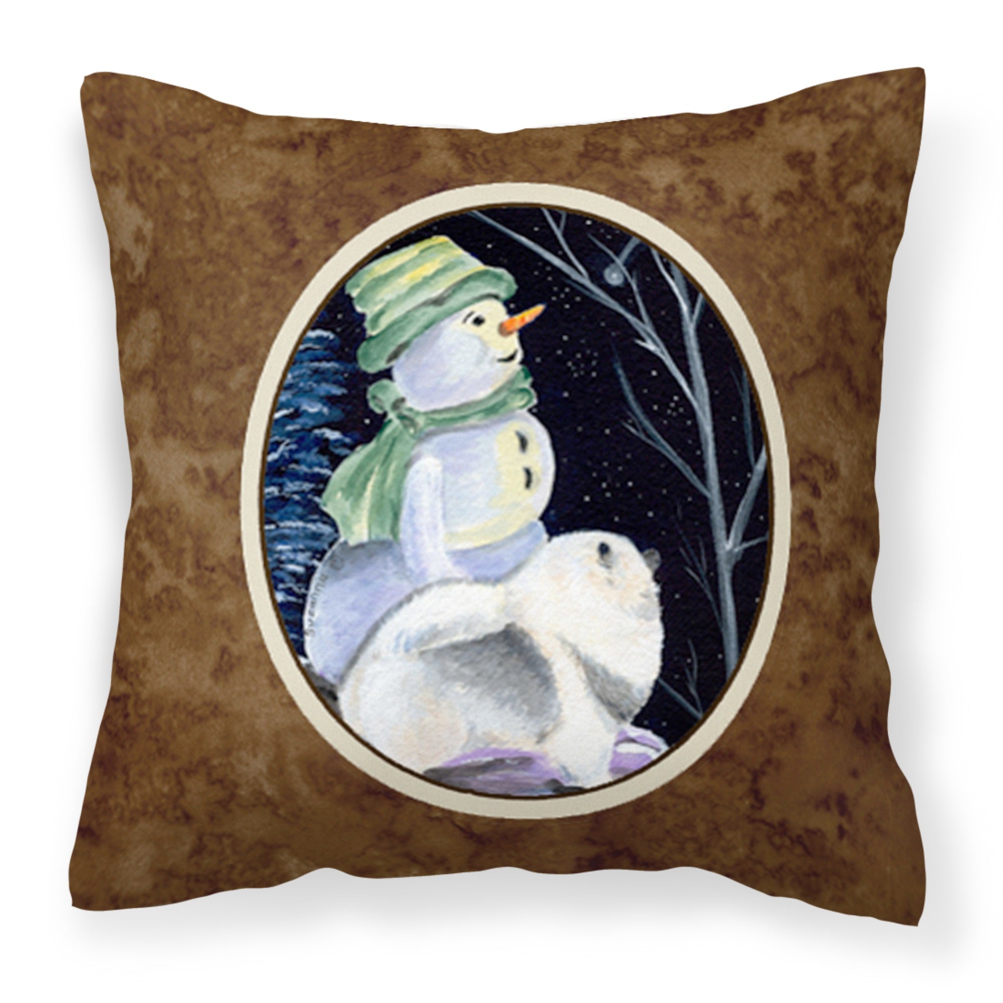 Snowman With Keeshond Fabric Decorative Pillow