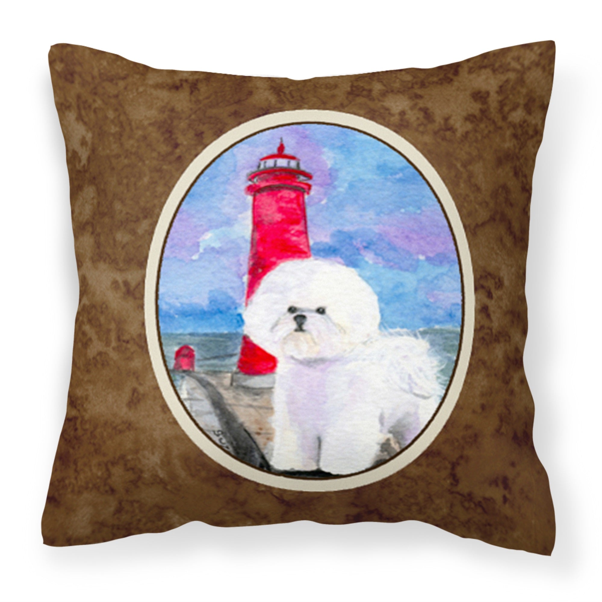 Lighthouse With Bichon Frise Fabric Decorative Pillow