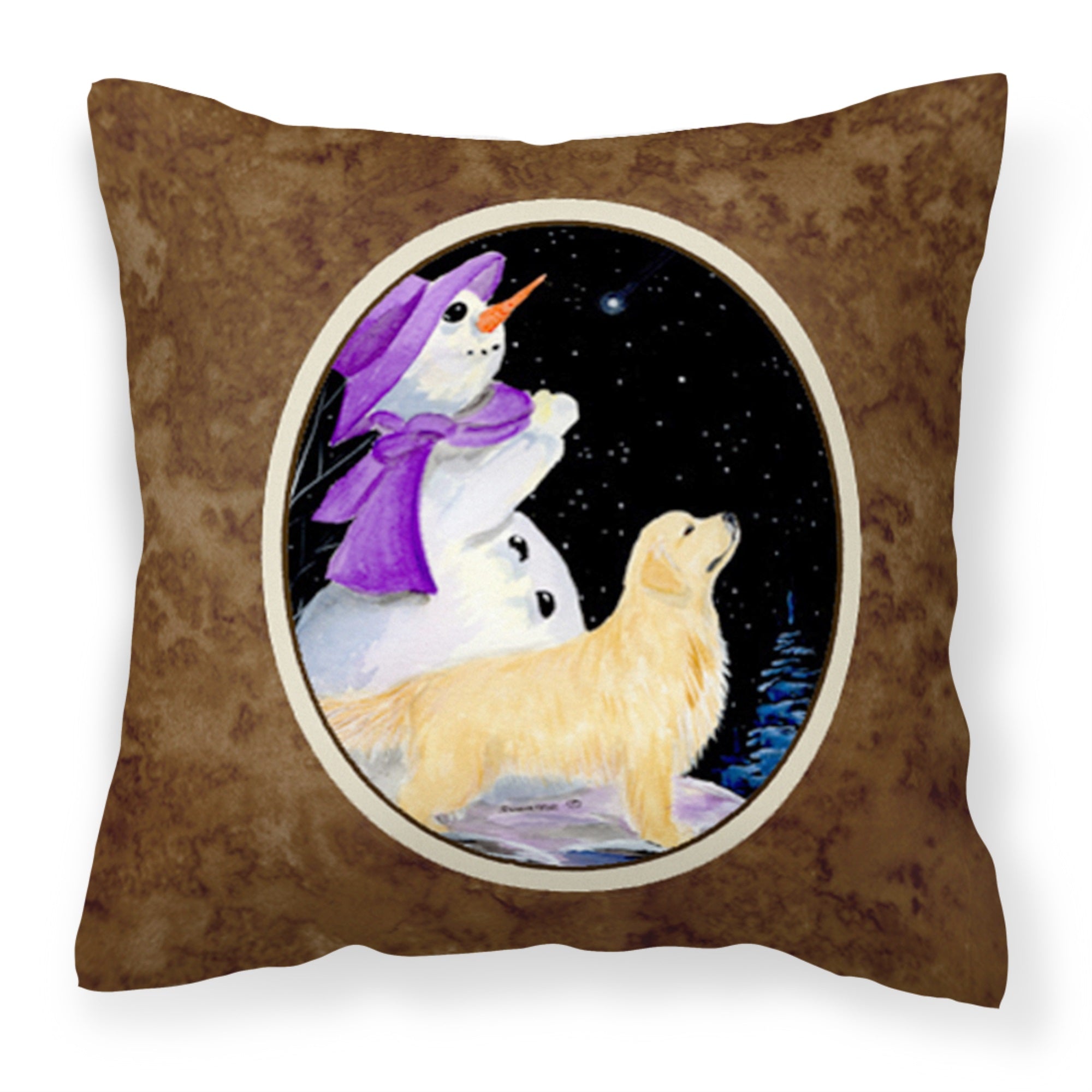 Snowman With Golden Retriever Fabric Decorative Pillow