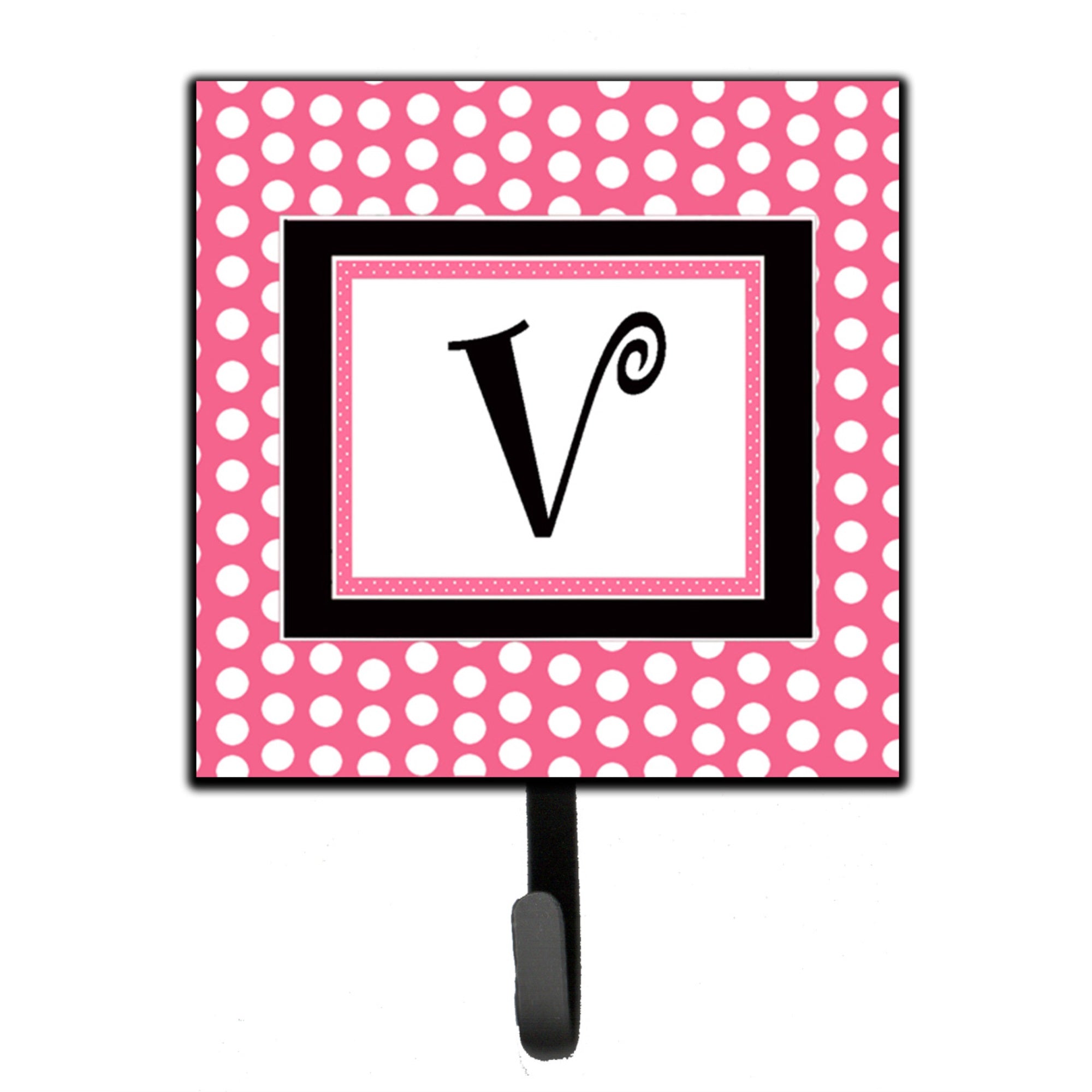 Letter V Monogram - Pink Black Polka Dots Leash Or Key Holder