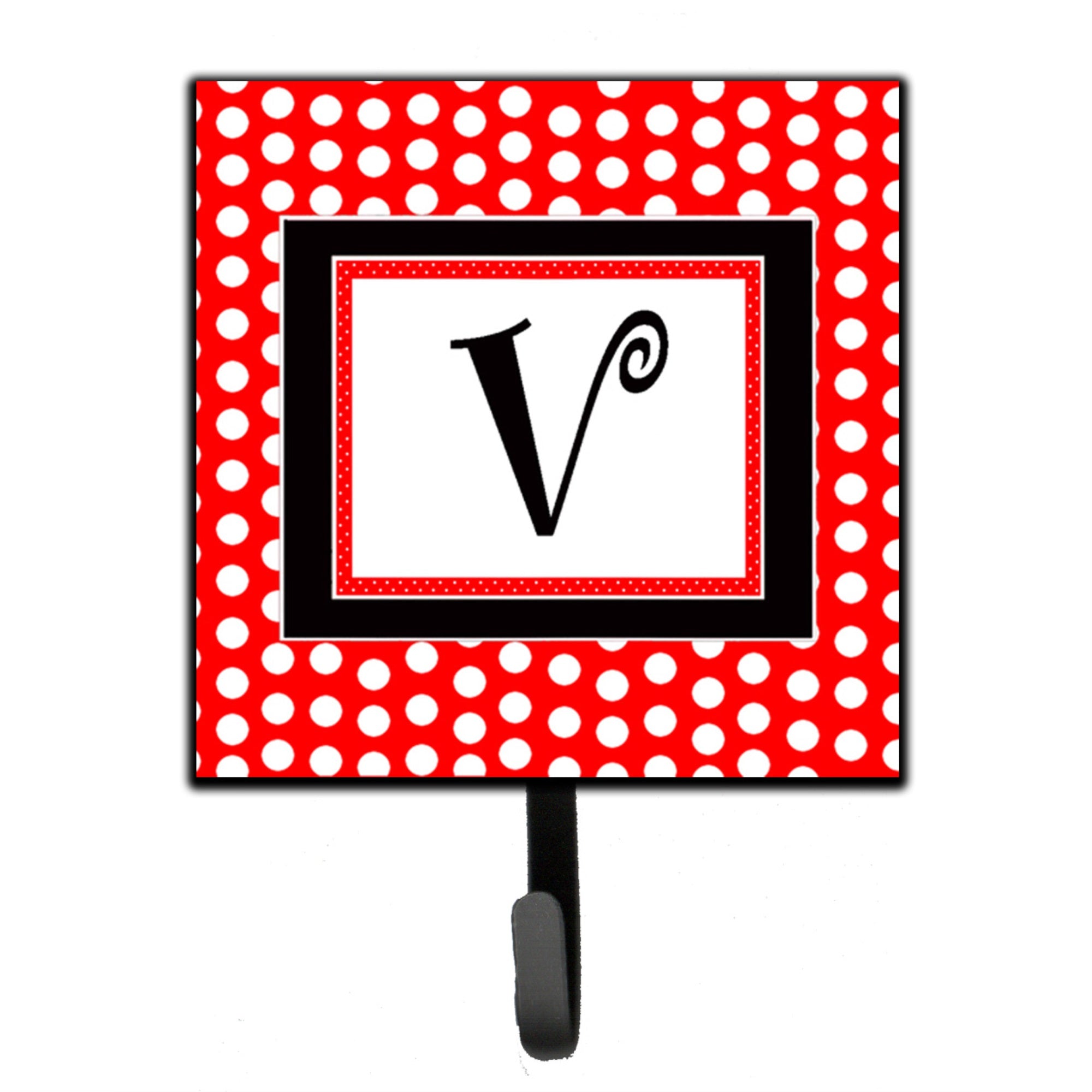Letter V Initial  - Red Black Polka Dots Leash Or Key Holder