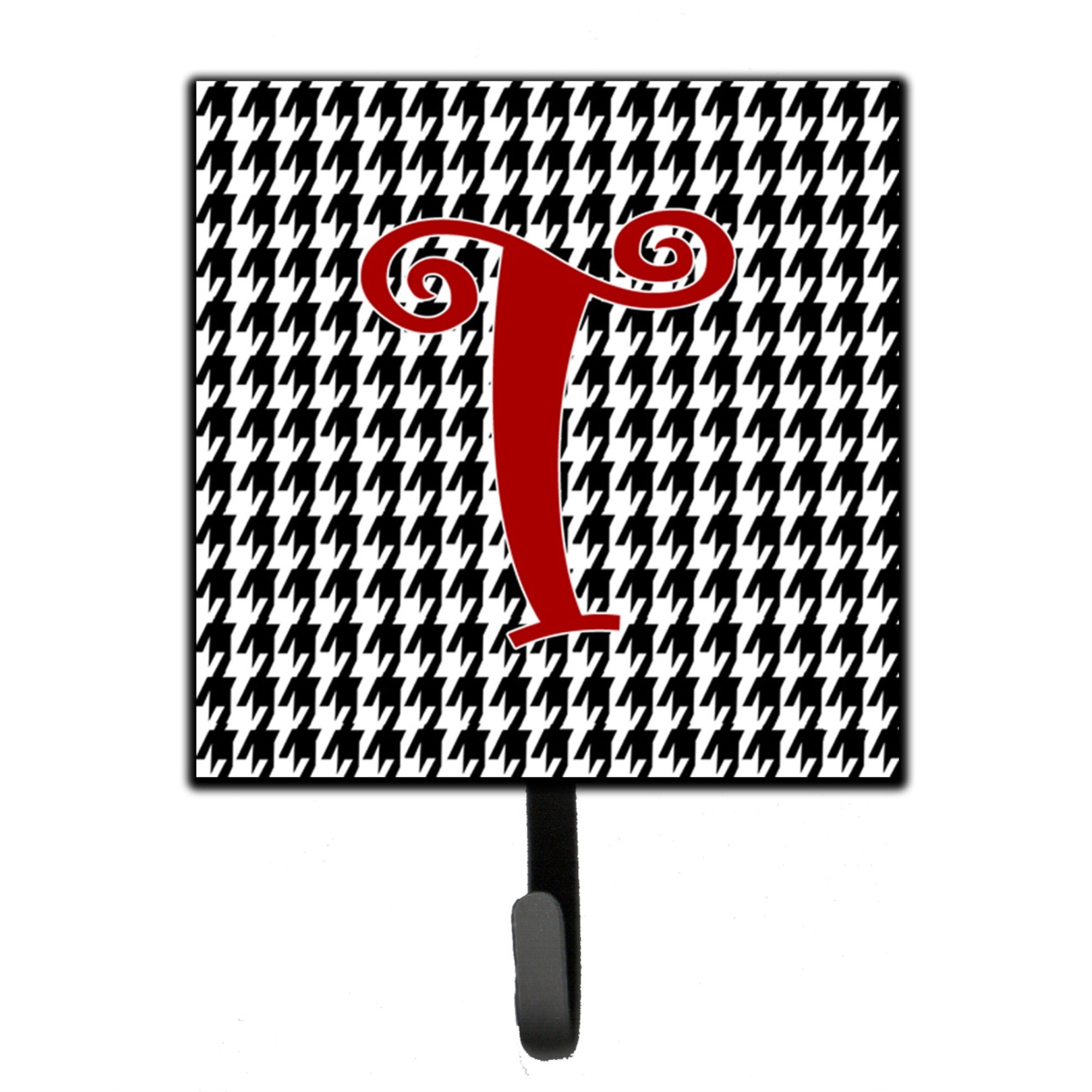 Letter T Initial Monogram - Houndstooth Black Leash Or Key Holder