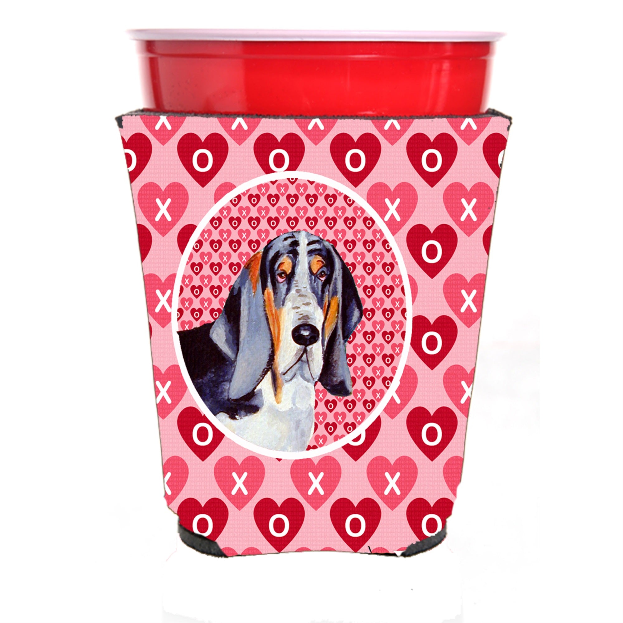 Basset Hound Hearts Love And Valentine'S Day Portrait Red Solo Cup Hugger