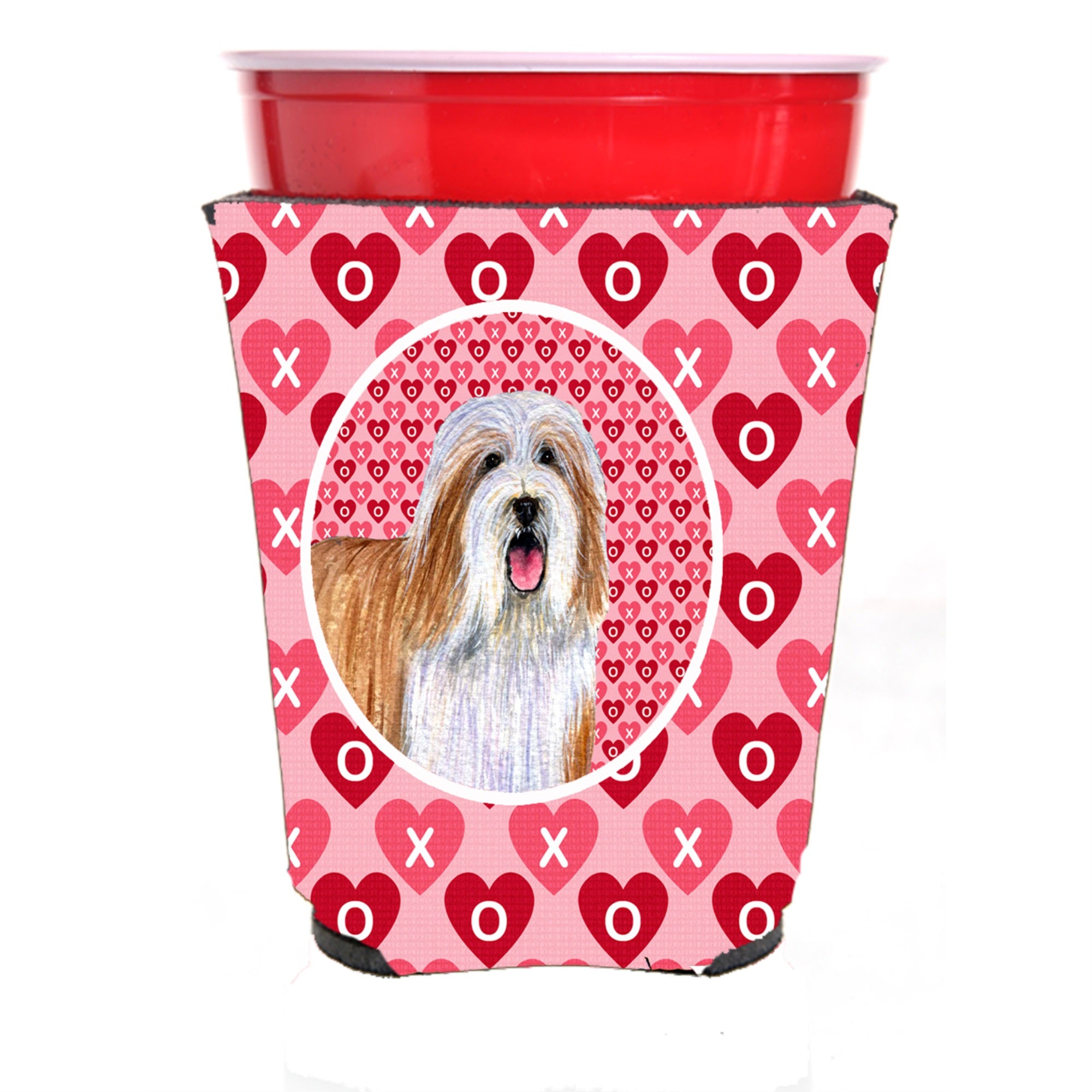 Bearded Collie Hearts Love And Valentine'S Day Portrait Red Solo Cup Hugger