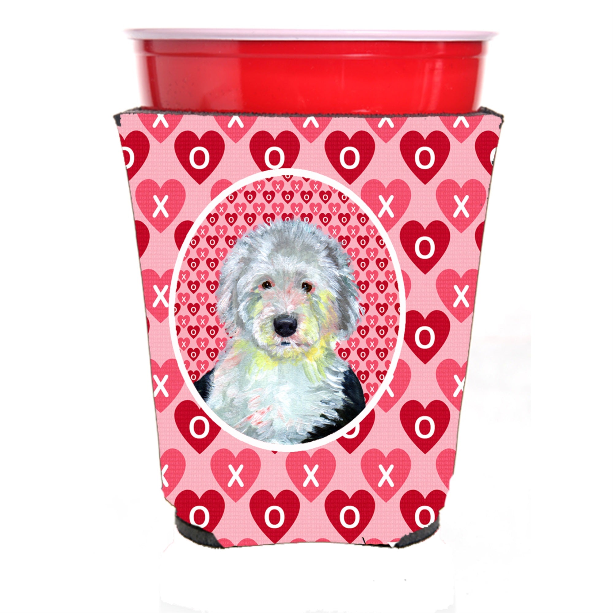 Old English Sheepdog Hearts Love And Valentine'S Day Portrait Red Solo Cup Hugger