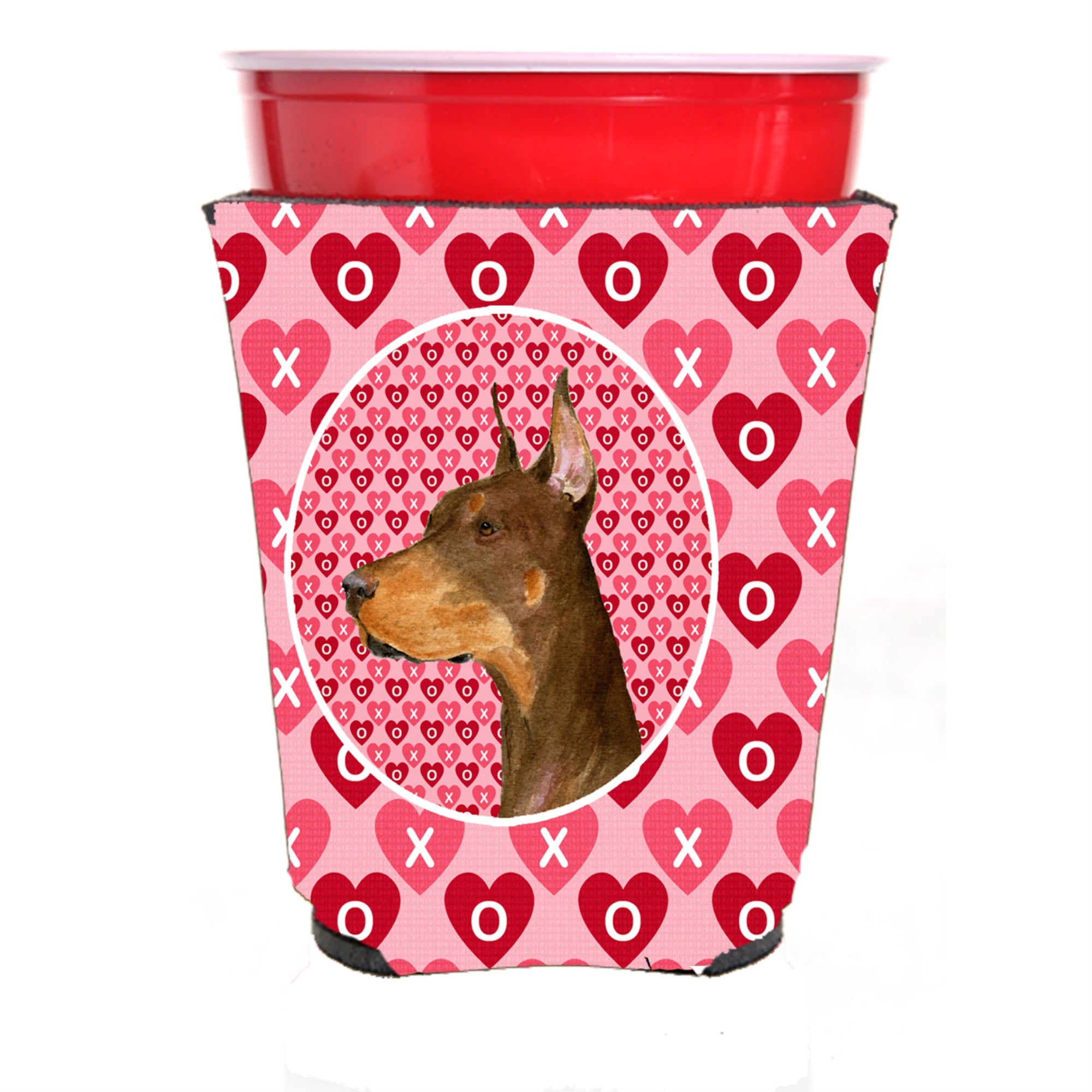 Doberman Hearts Love And Valentine'S Day Portrait Red Solo Cup Hugger