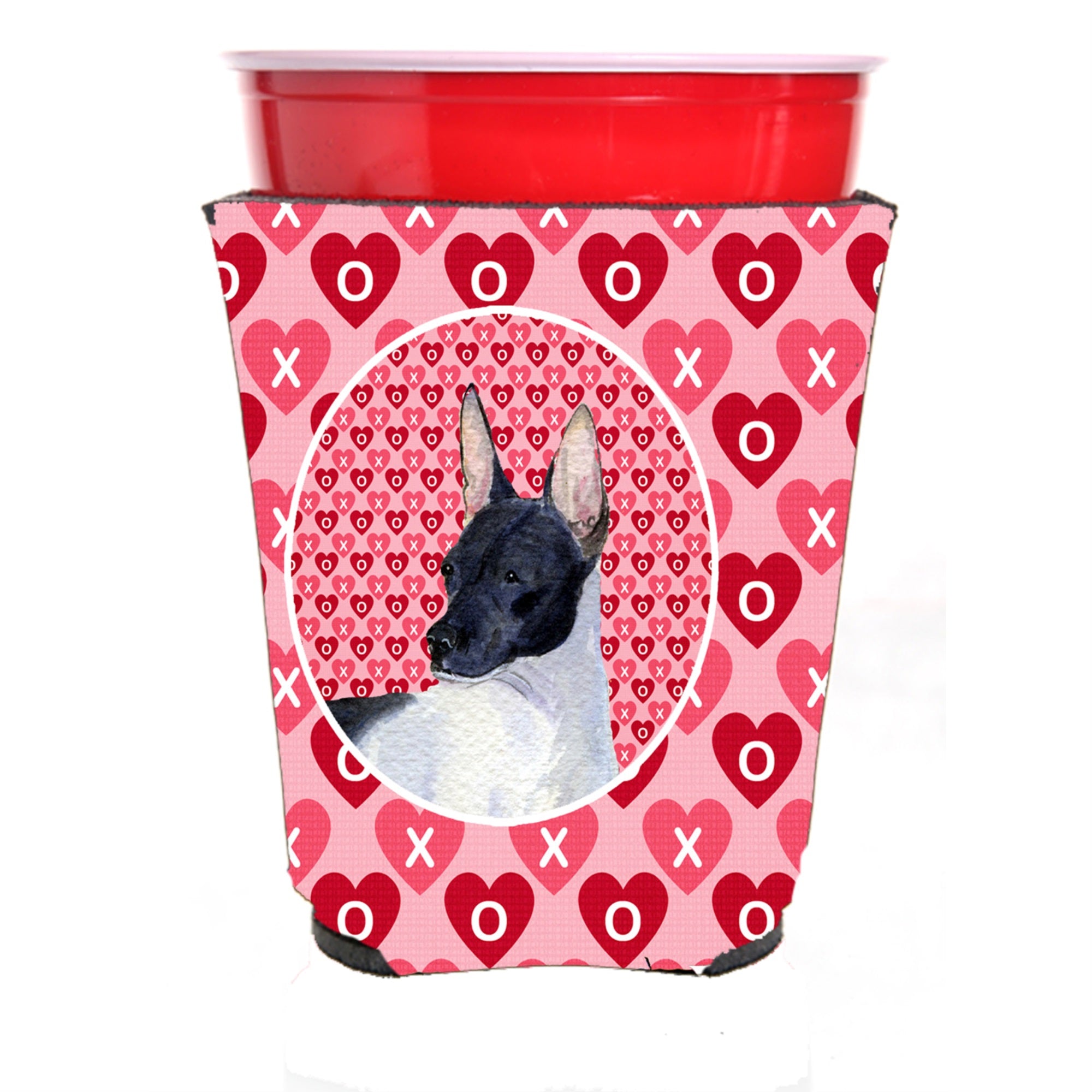 Rat Terrier Hearts Love And Valentine'S Day Portrait Red Solo Cup Hugger