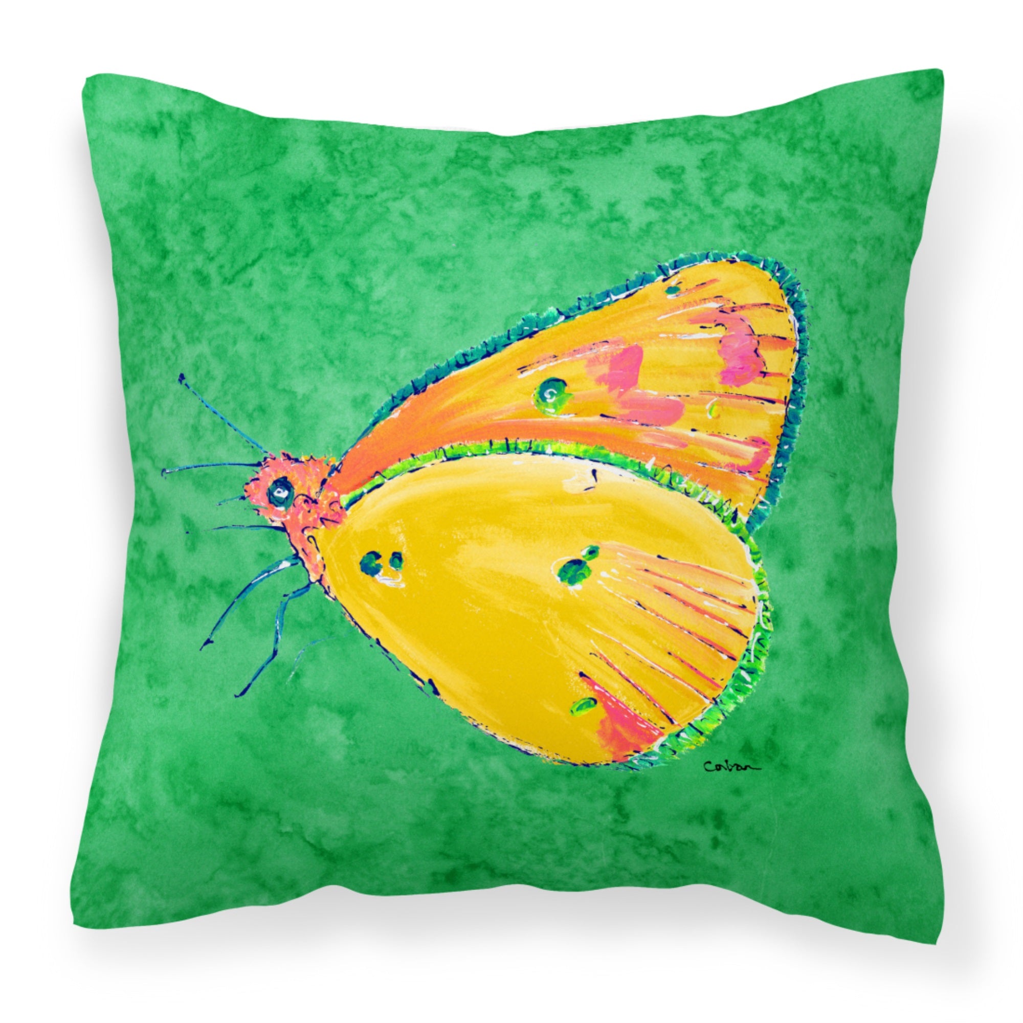 Butterfly Orange On Green Fabric Decorative Pillow