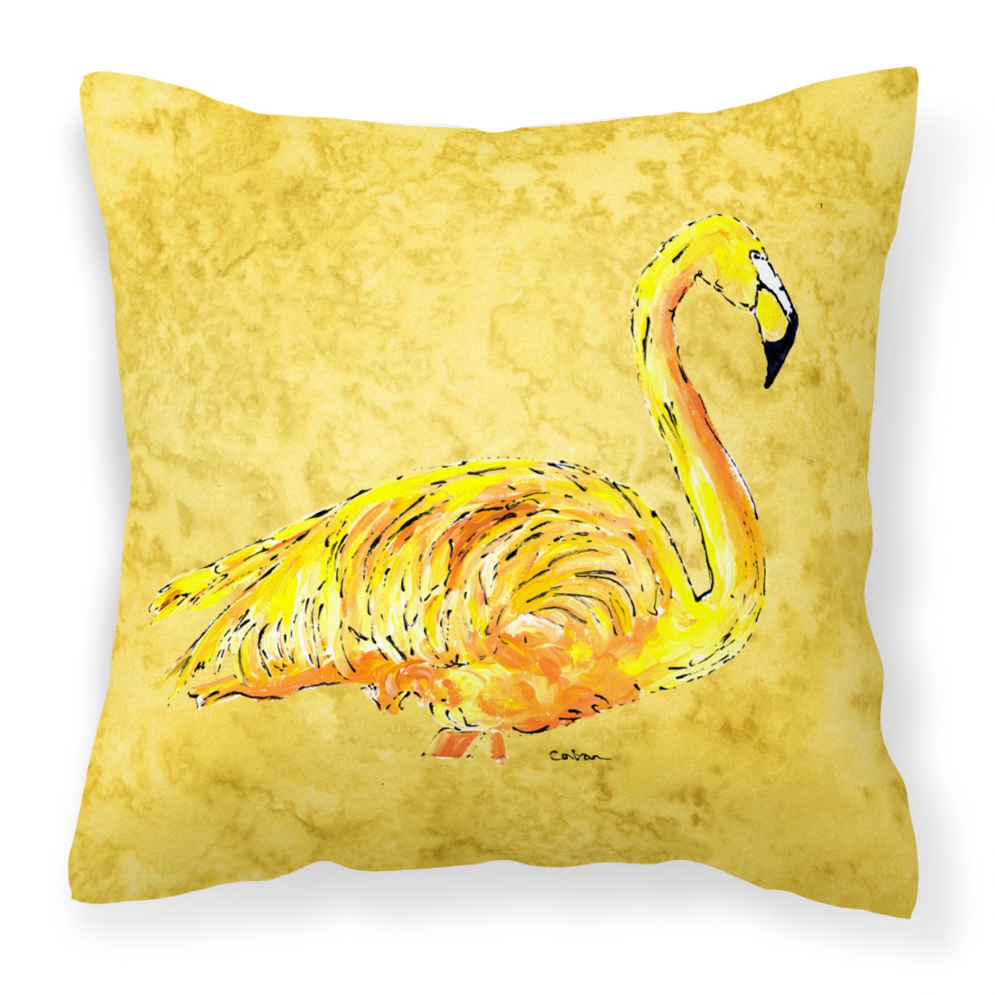 Flamingo On Yellow Fabric Decorative Pillow