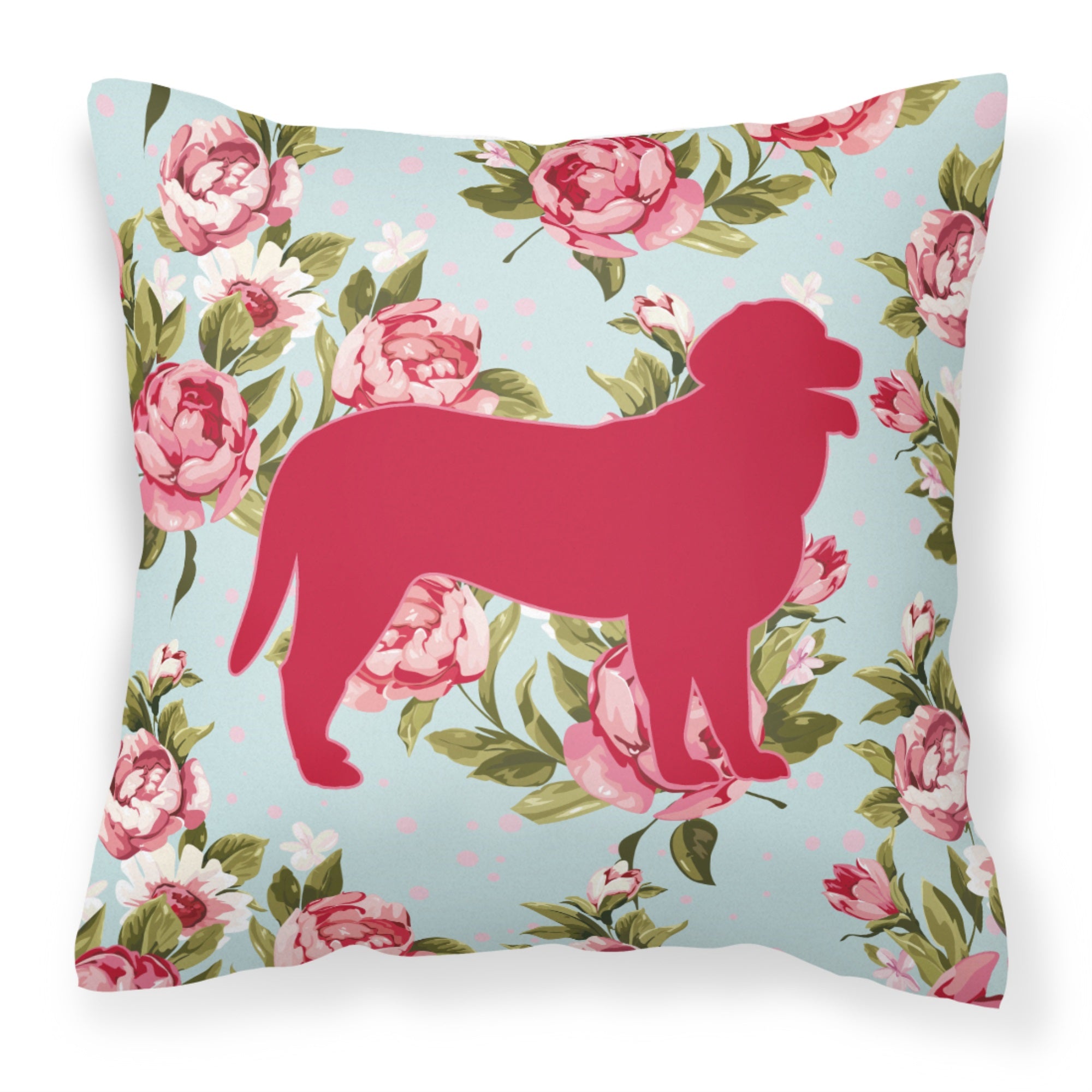 Curly Coated Retriever Shabby Chic Blue Roses Fabric Decorative Pillow