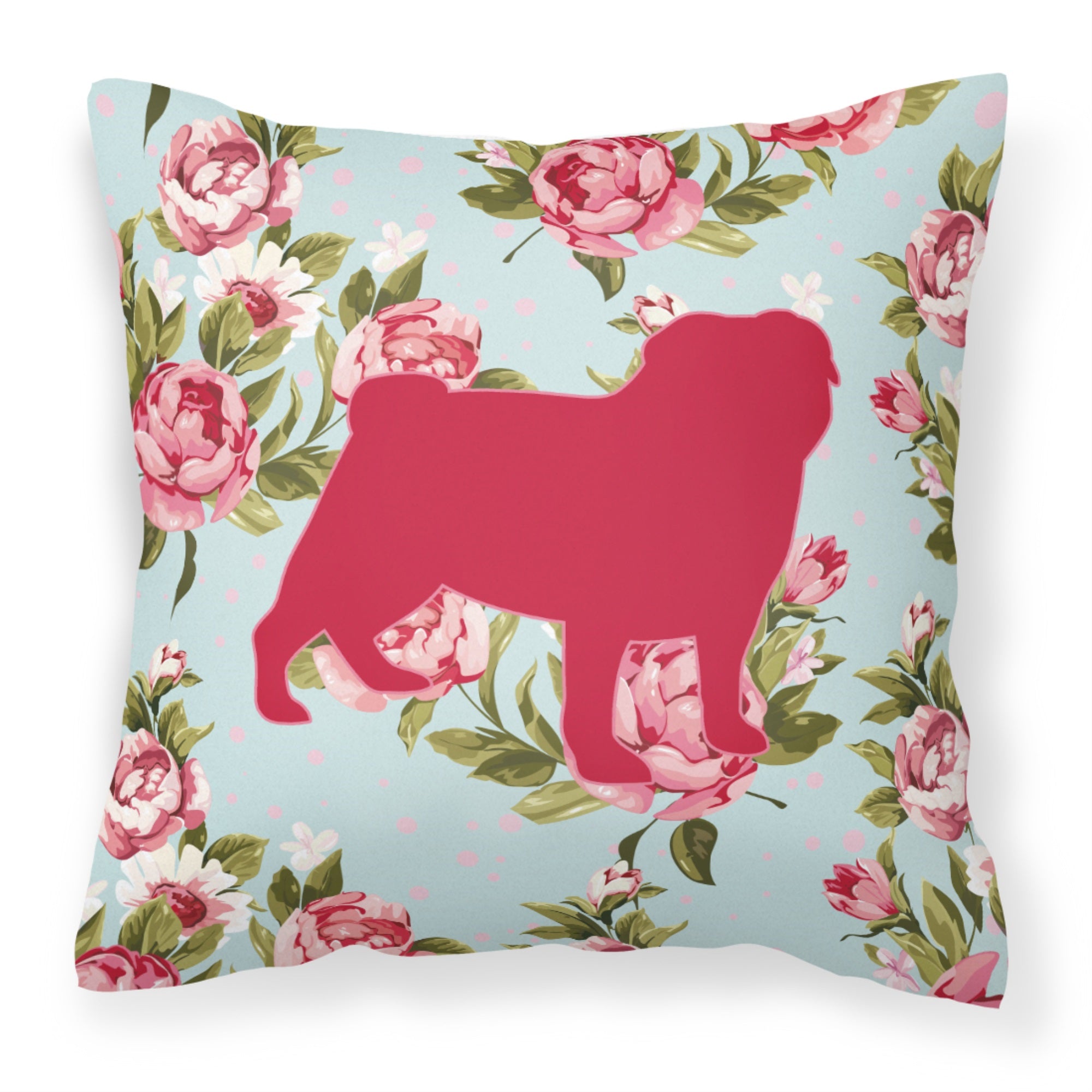 Pug Shabby Chic Blue Roses Bb1112 Fabric Decorative Pillow