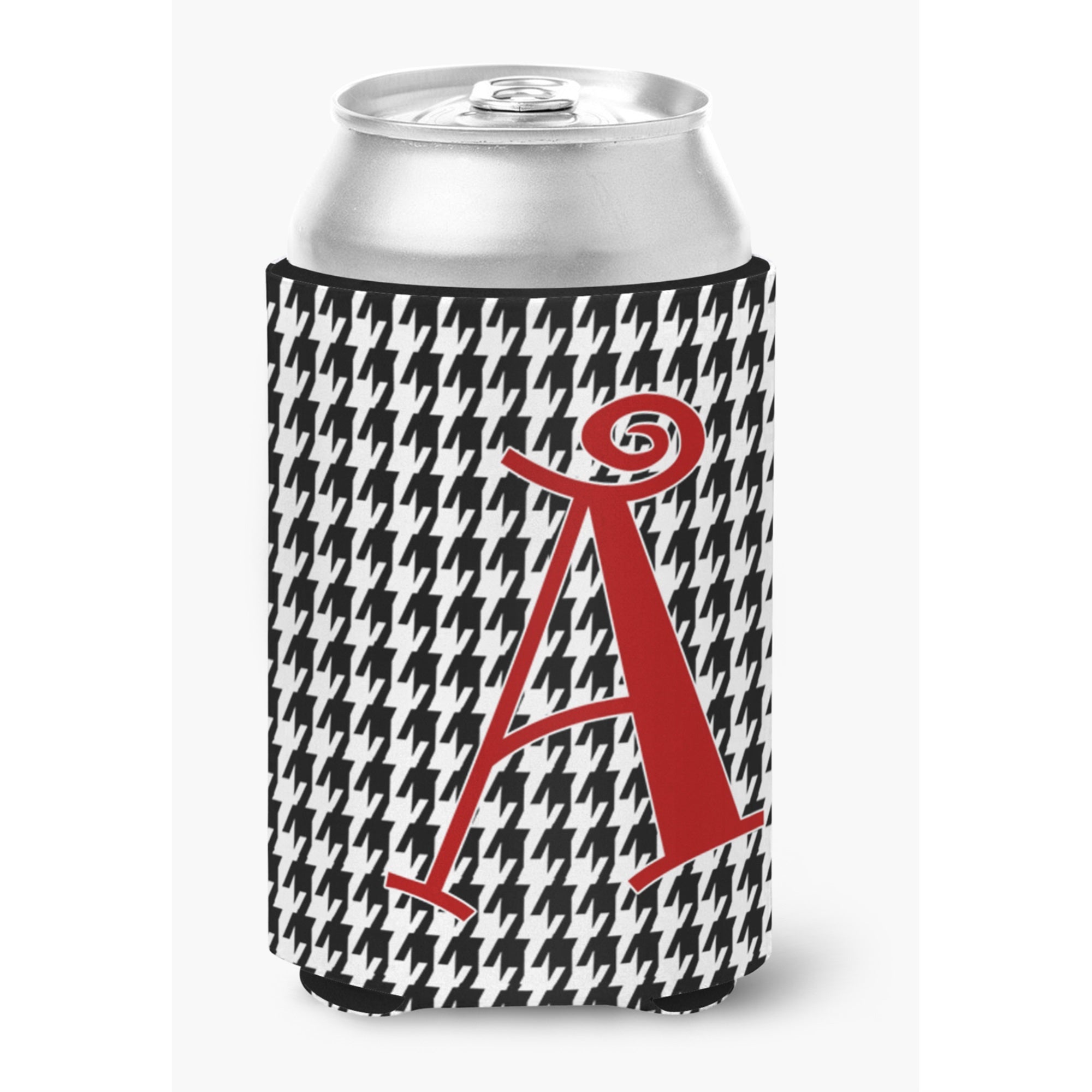 Letter A Monogram - Black White Houndstooth Can Or Bottle Hugger