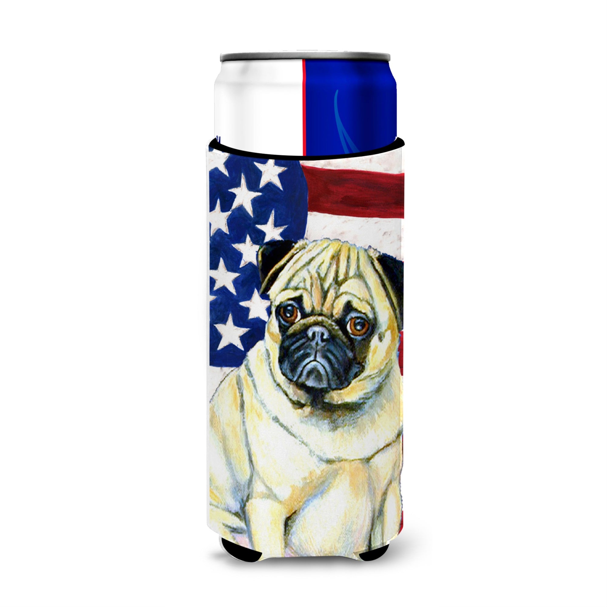 Usa American Flag With Pug Ultra Hugger For Slim Cans