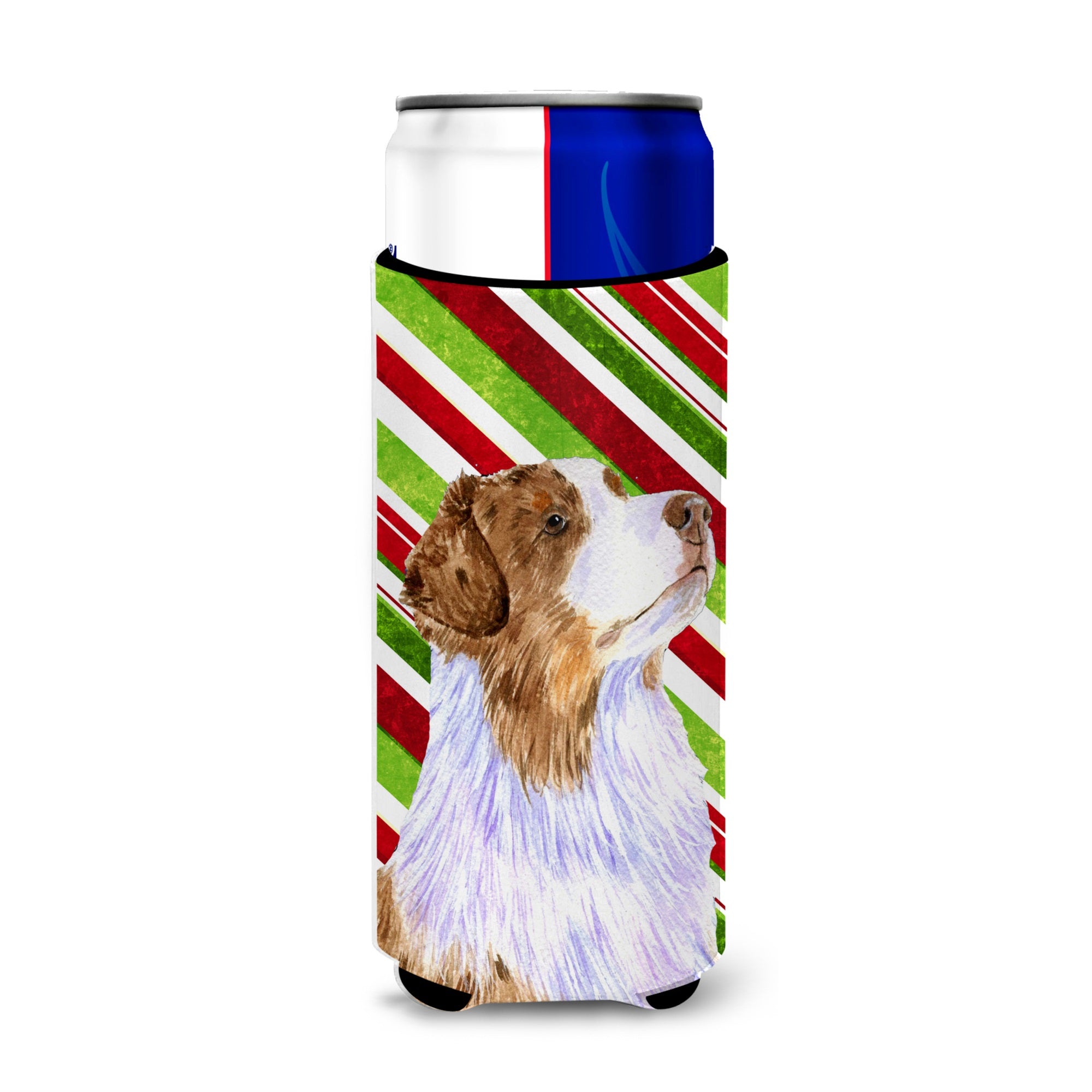 Australian Shepherd Candy Cane Holiday Christmas Ultra Hugger For Slim Cans