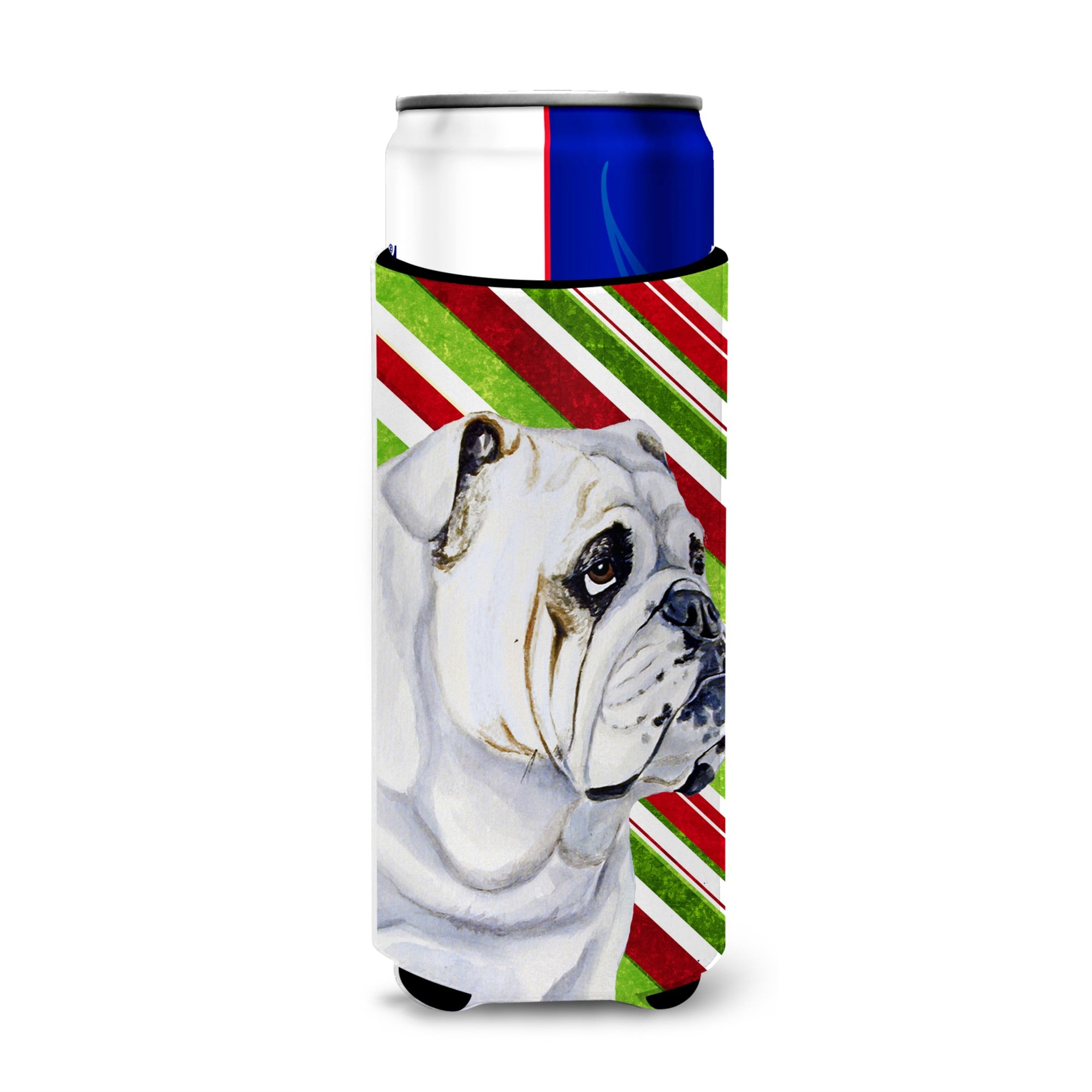 Bulldog English Candy Cane Holiday Christmas Ultra Hugger For Slim Cans
