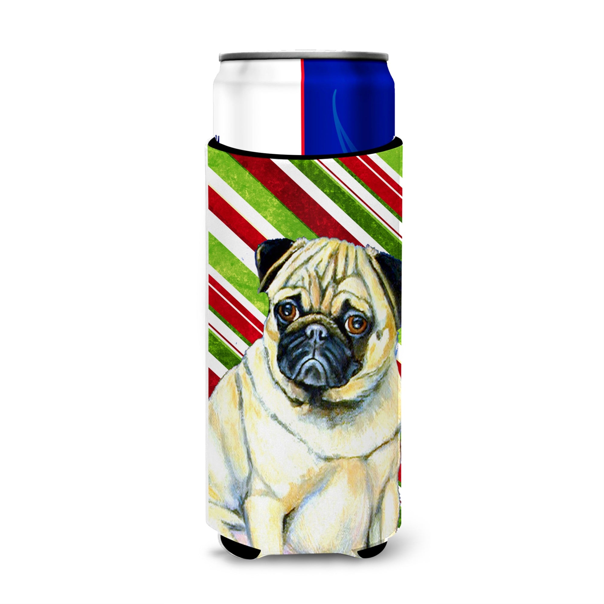 Pug Candy Cane Holiday Christmas Ultra Hugger For Slim Cans