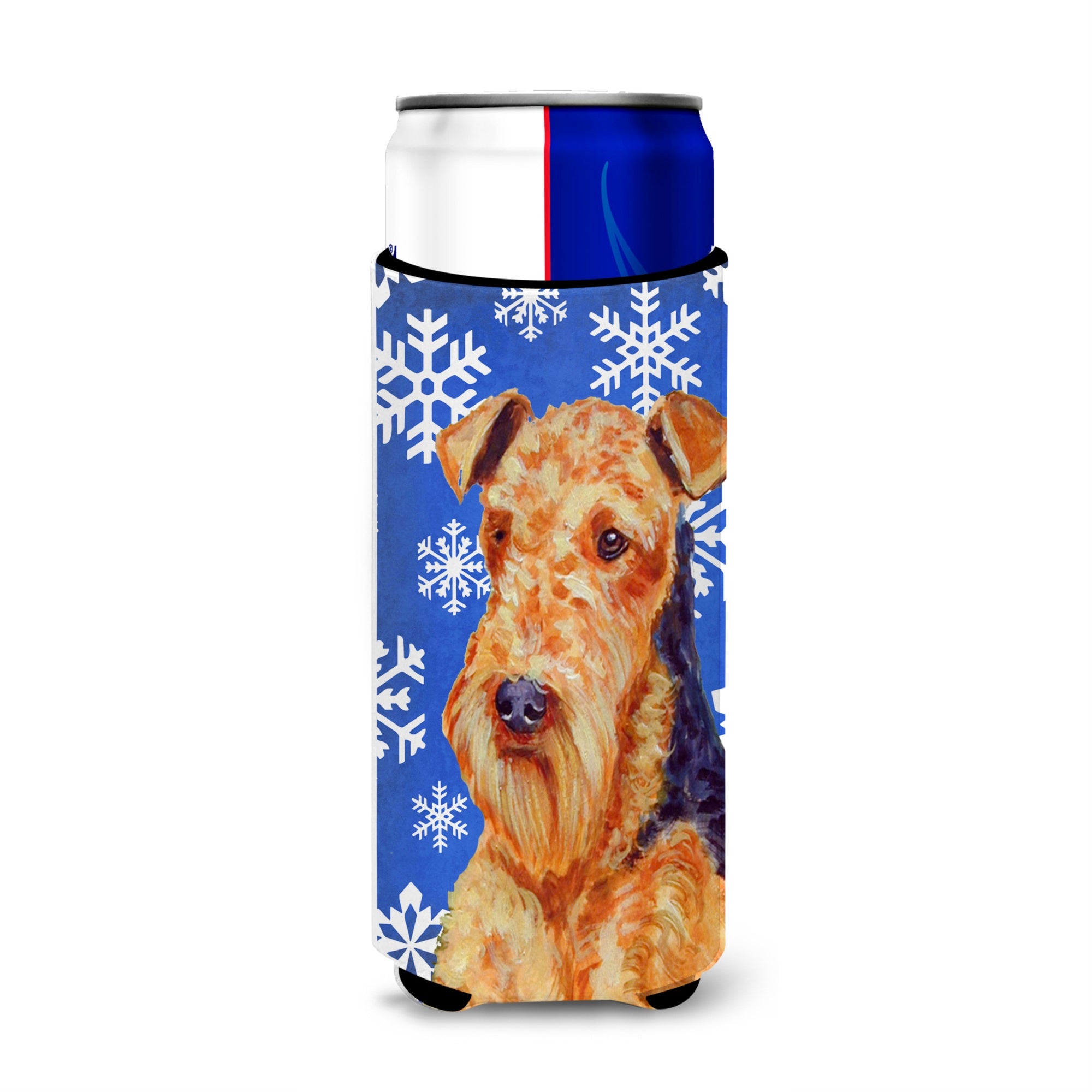 Airedale Winter Snowflakes Holiday Ultra Hugger For Slim Cans