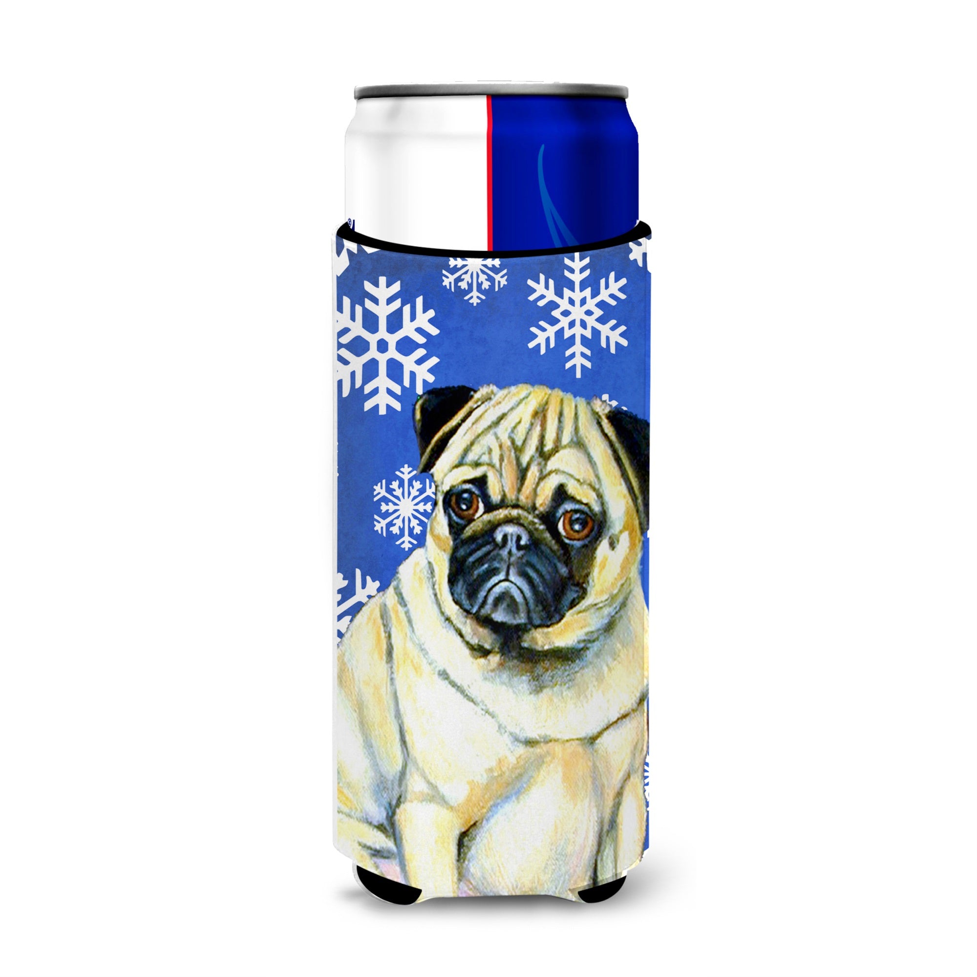 Pug Winter Snowflakes Holiday Ultra Hugger For Slim Cans