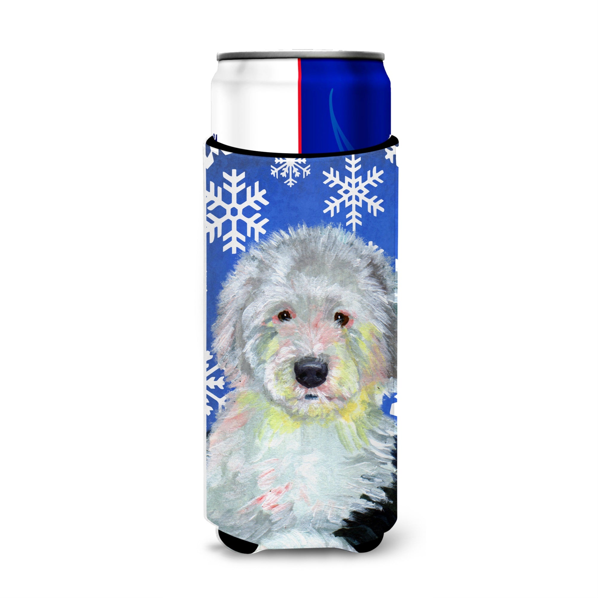 Old English Sheepdog Winter Snowflakes Holiday Ultra Hugger For Slim Cans