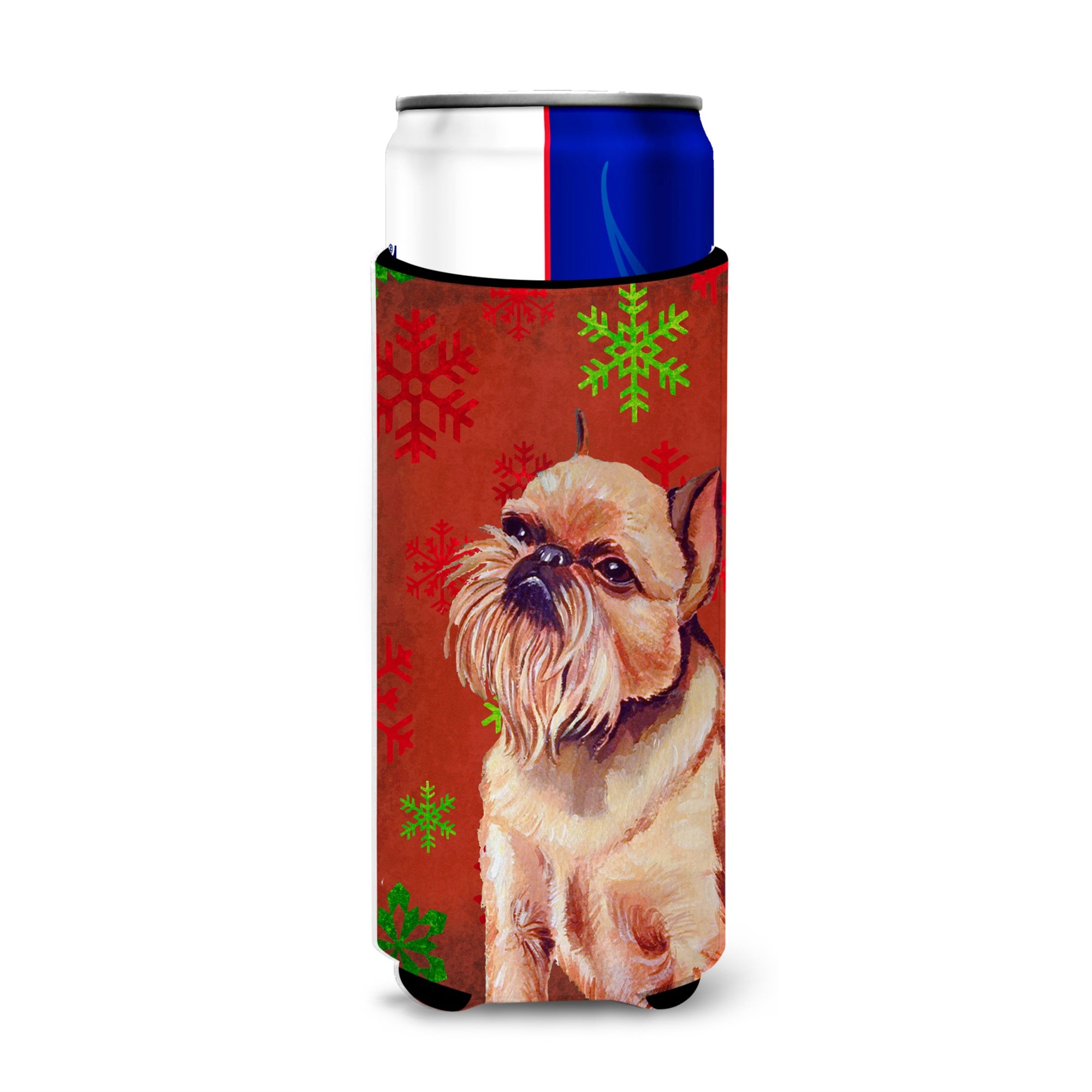 Brussels Griffon Red And Green Snowflakes Holiday Christmas Ultra Hugger For Slim Cans