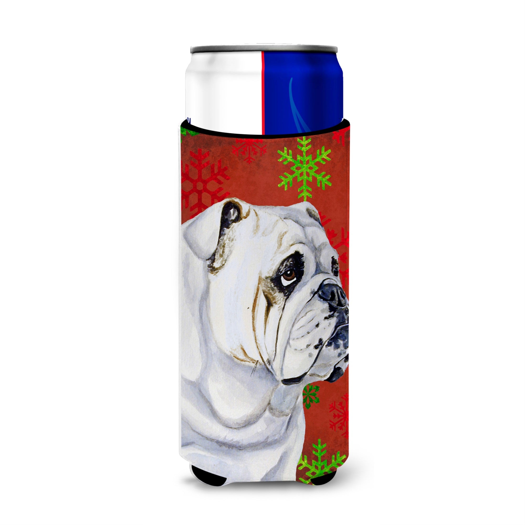 Bulldog English Red And Green Snowflakes Holiday Christmas Ultra Hugger For Slim Cans
