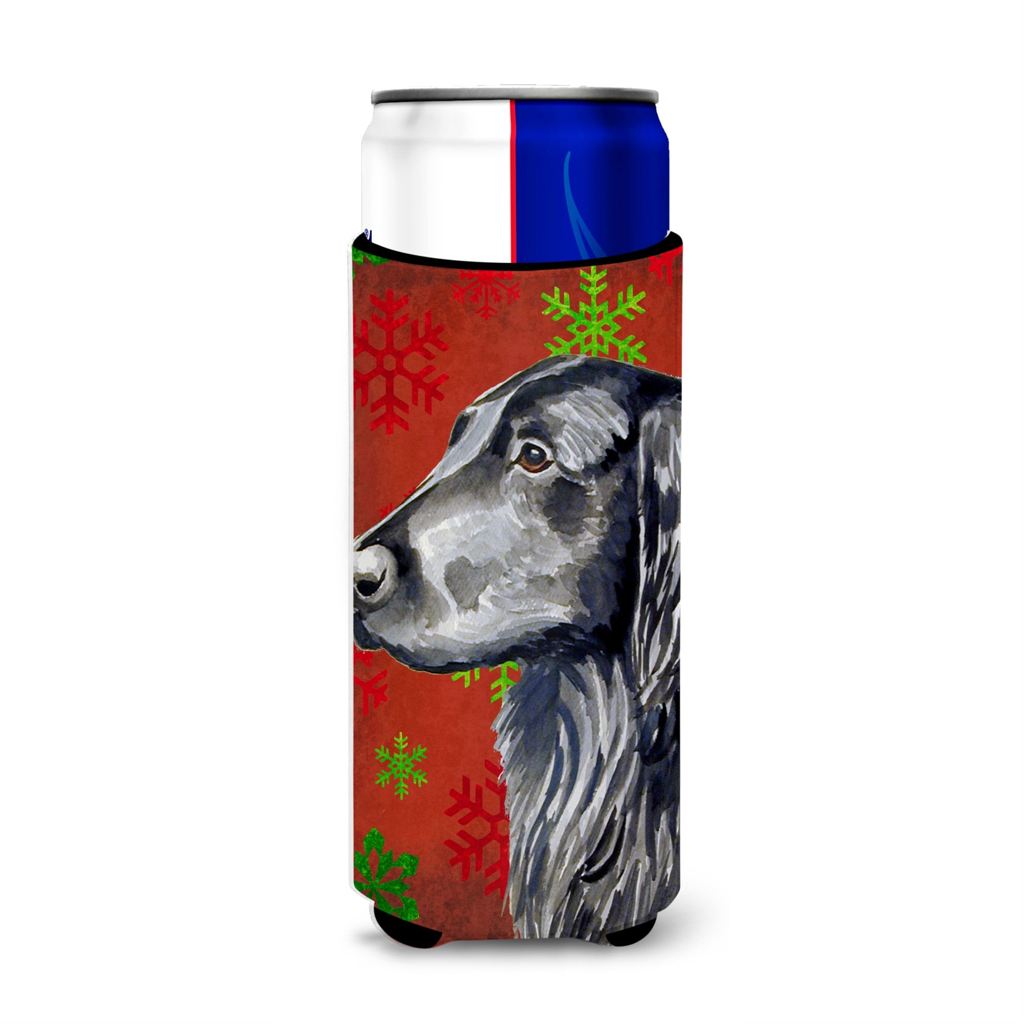 Flat Coated Retriever Red  Green Snowflakes Holiday Christmas Ultra Hugger For Slim Cans