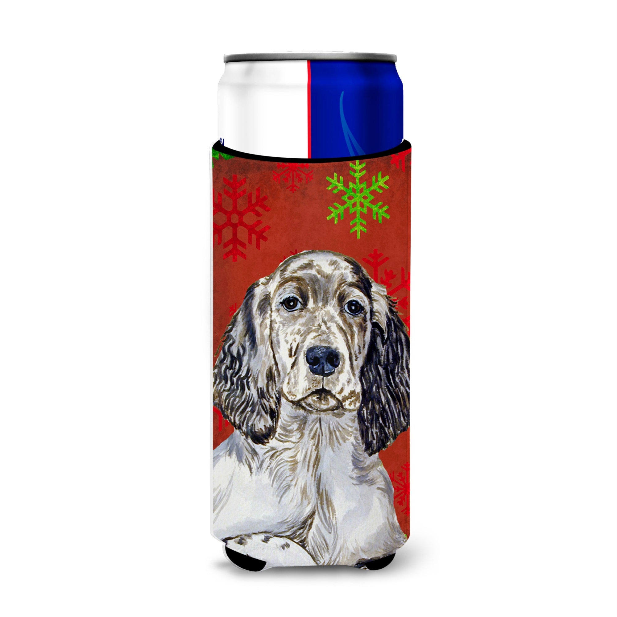 English Setter Red And Green Snowflakes Holiday Christmas Ultra Hugger For Slim Cans