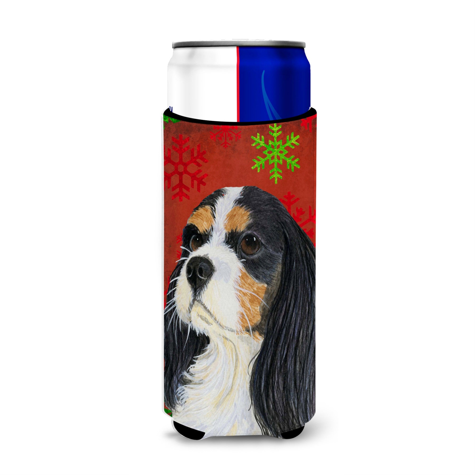 Cavalier Spaniel Red And Green Snowflakes Holiday Christmas Ultra Hugger For Slim Cans