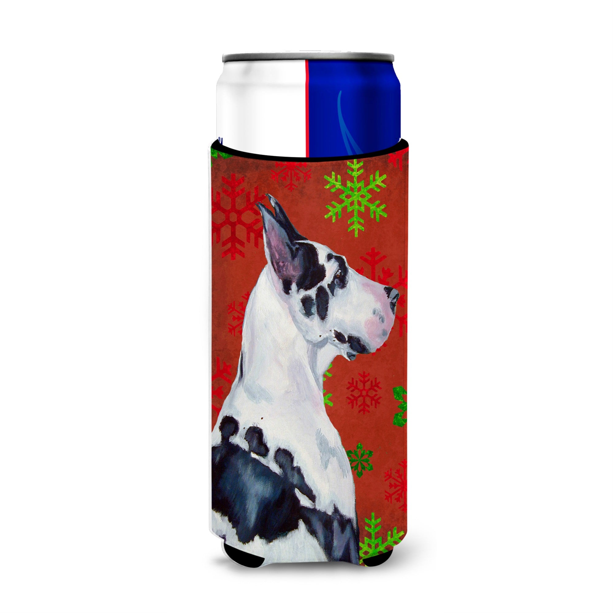 Great Dane Red And Green Snowflakes Holiday Christmas Ultra Hugger For Slim Cans