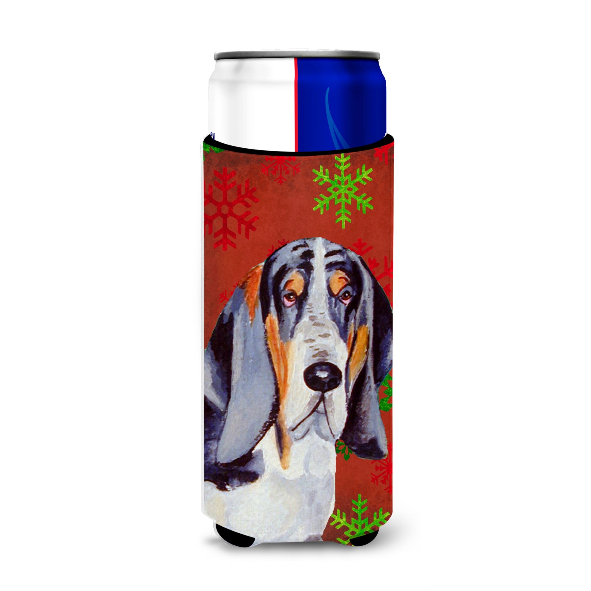 Basset Hound Red And Green Snowflakes Holiday Christmas Ultra Hugger For Slim Cans