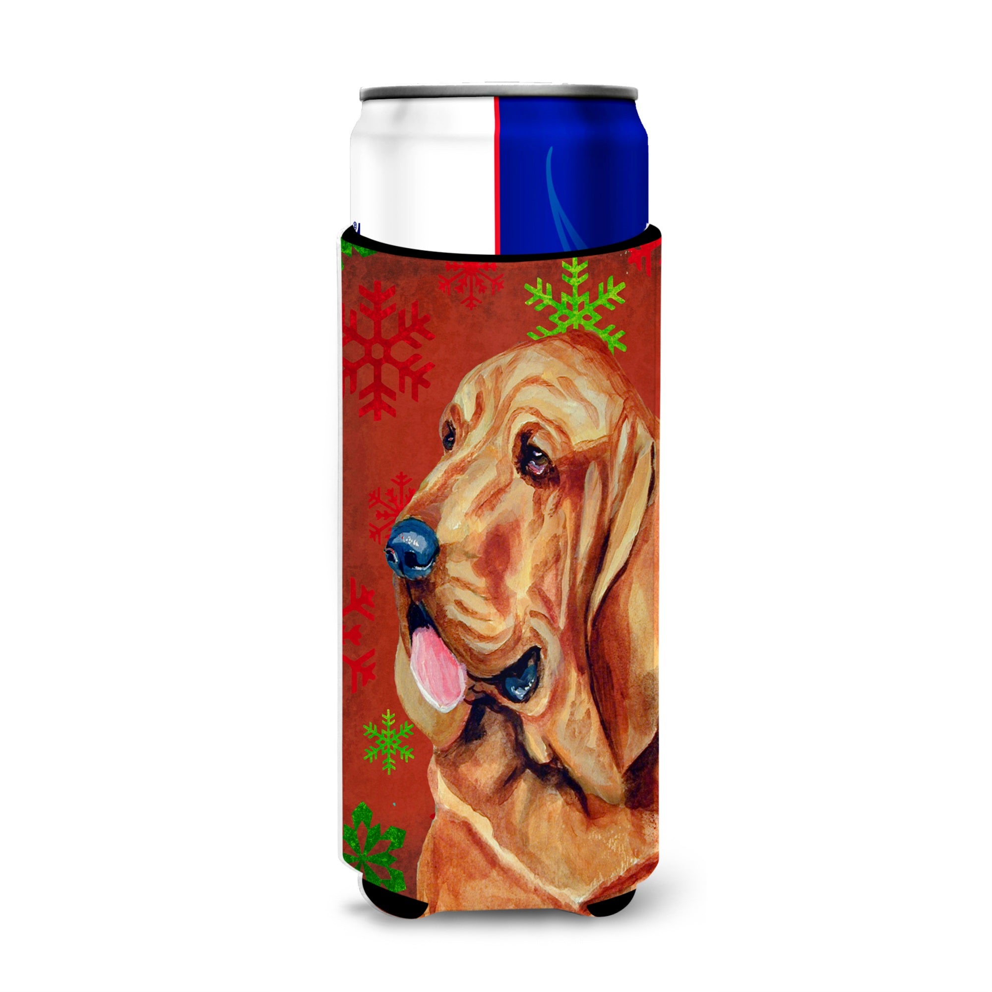 Bloodhound Red And Green Snowflakes Holiday Christmas Ultra Hugger For Slim Cans
