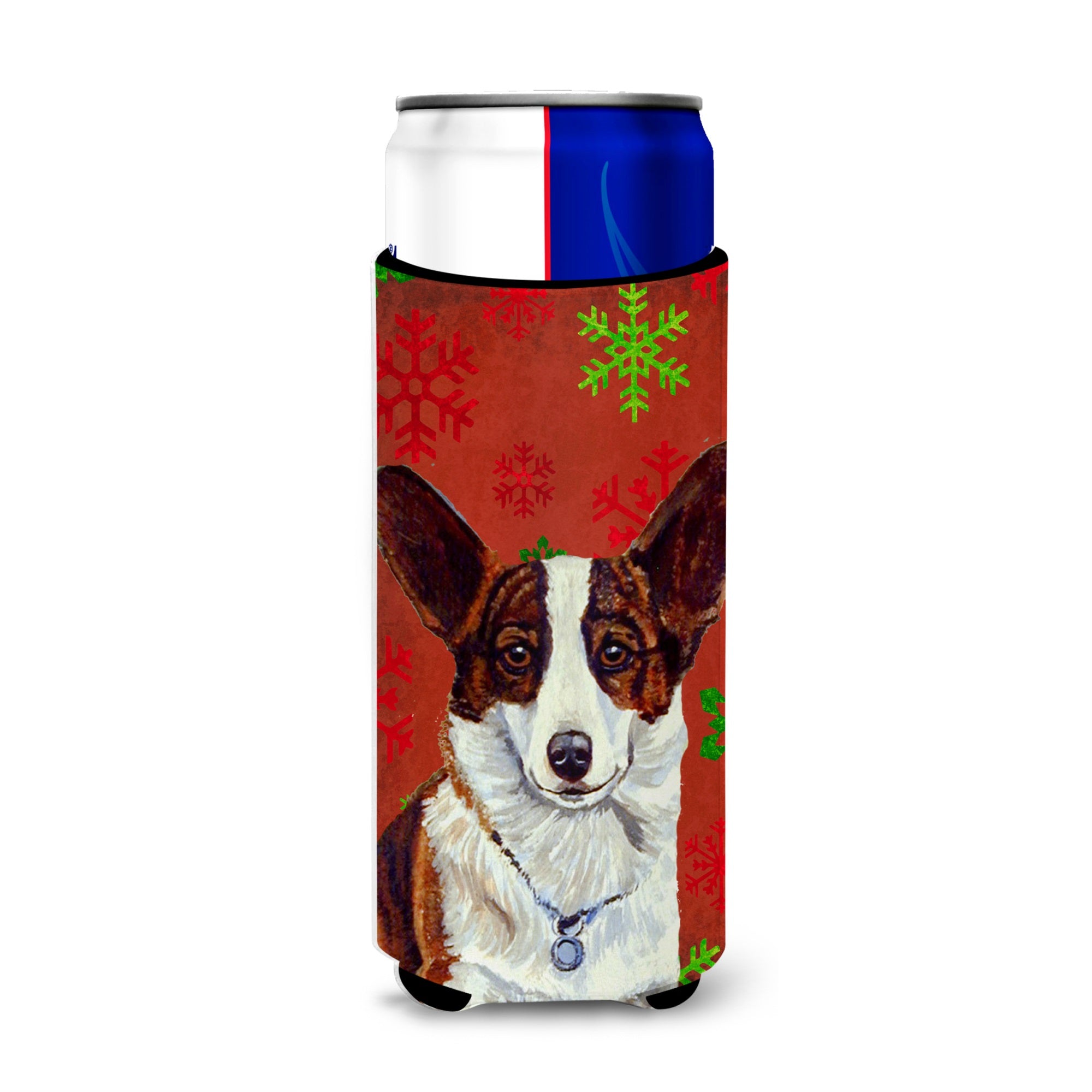 Corgi Red And Green Snowflakes Holiday Christmas Ultra Hugger For Slim Cans