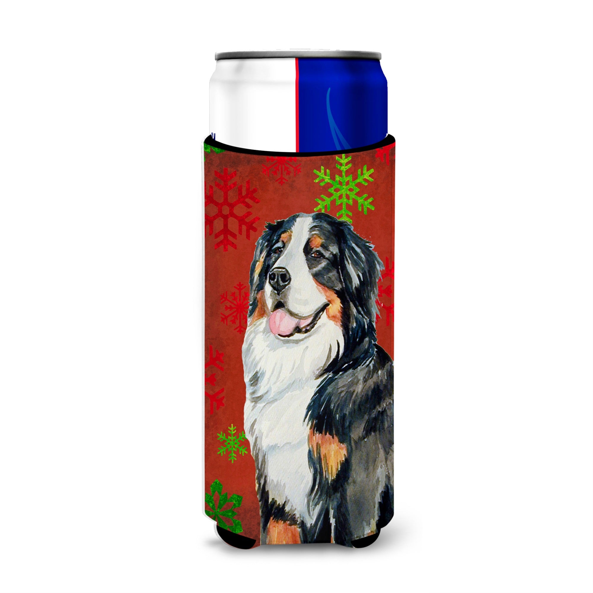 Bernese Mountain Dog Red  Green Snowflakes Holiday Christmas Ultra Hugger For Slim Cans