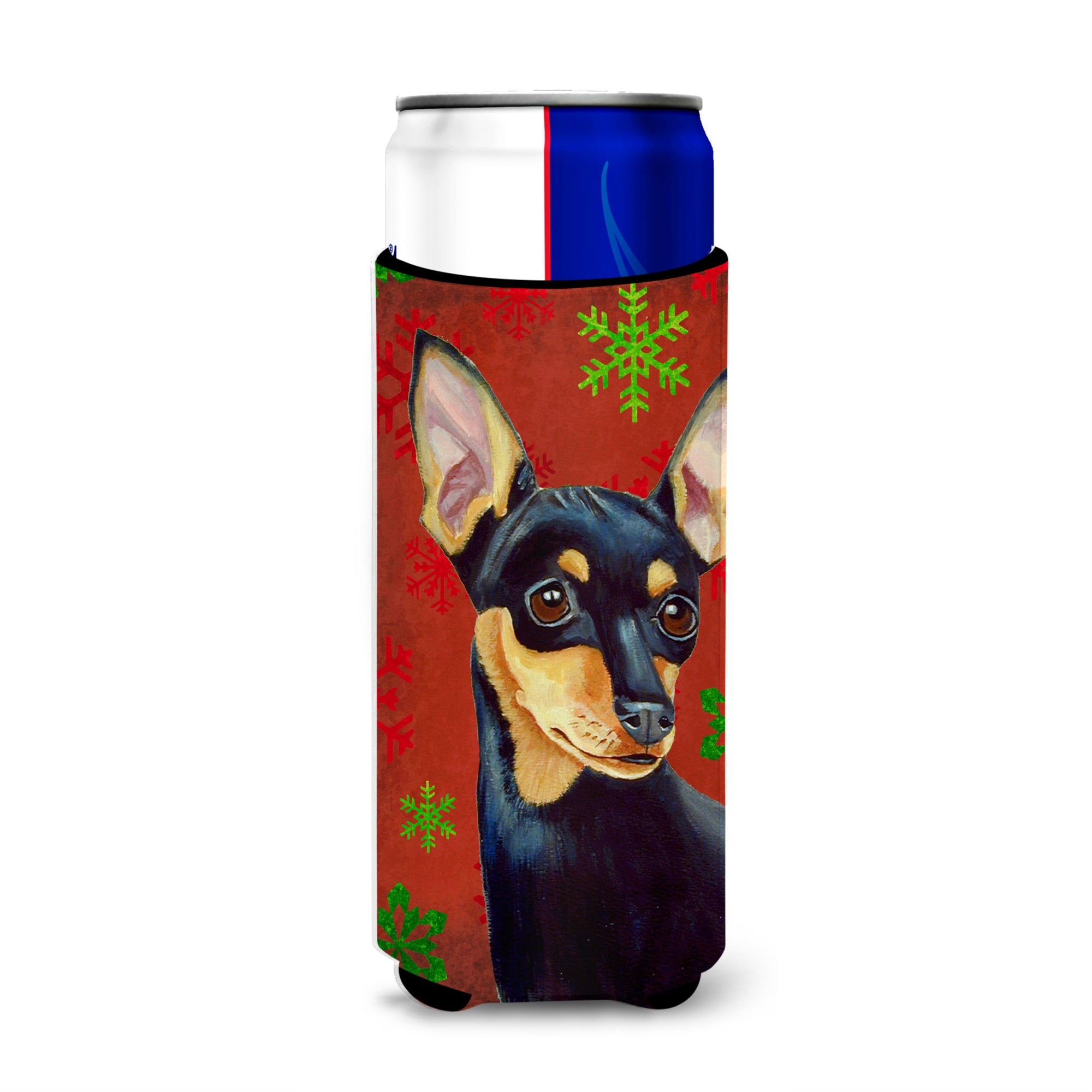 Min Pin Red And Green Snowflakes Holiday Christmas Ultra Hugger For Slim Cans