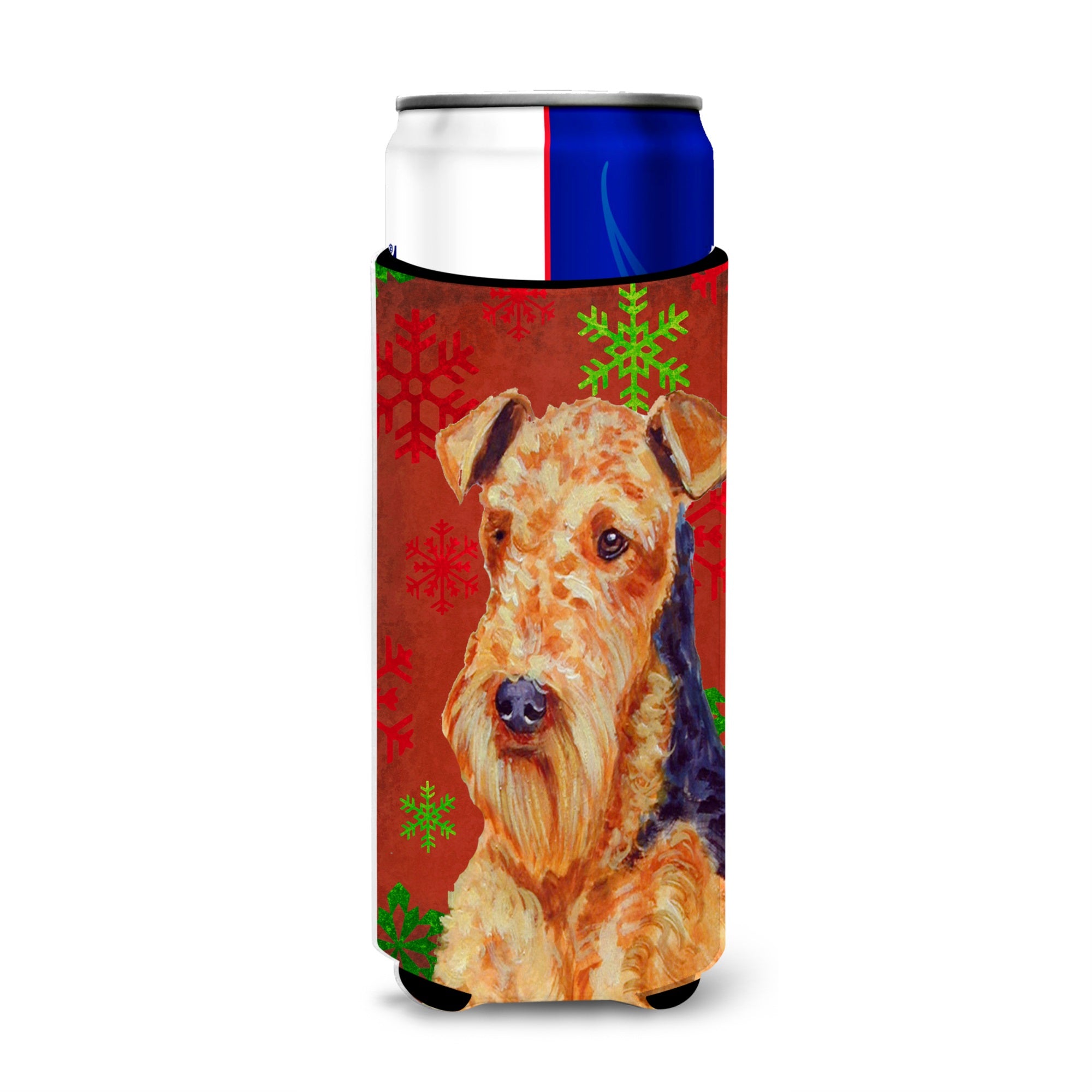 Airedale Red And Green Snowflakes Holiday Christmas Ultra Hugger For Slim Cans