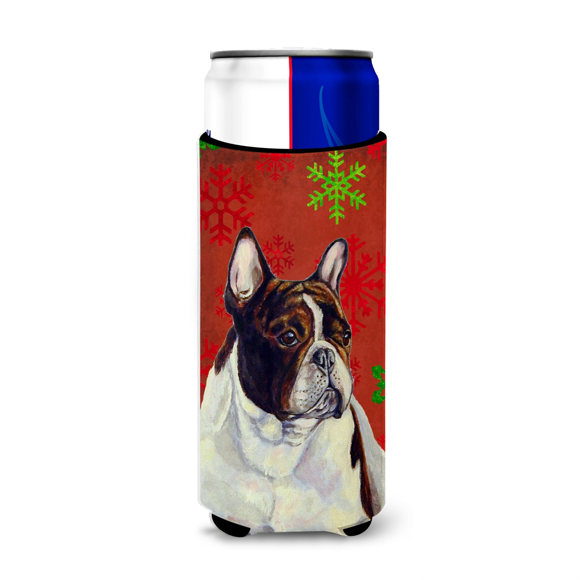 French Bulldog Red And Green Snowflakes Holiday Christmas Ultra Hugger For Slim Cans