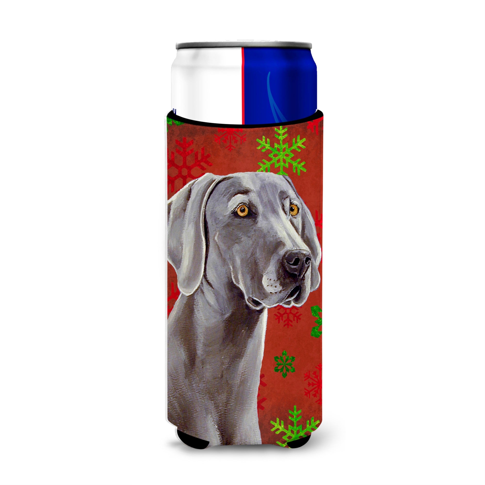 Weimaraner Red And Green Snowflakes Holiday Christmas Ultra Hugger For Slim Cans