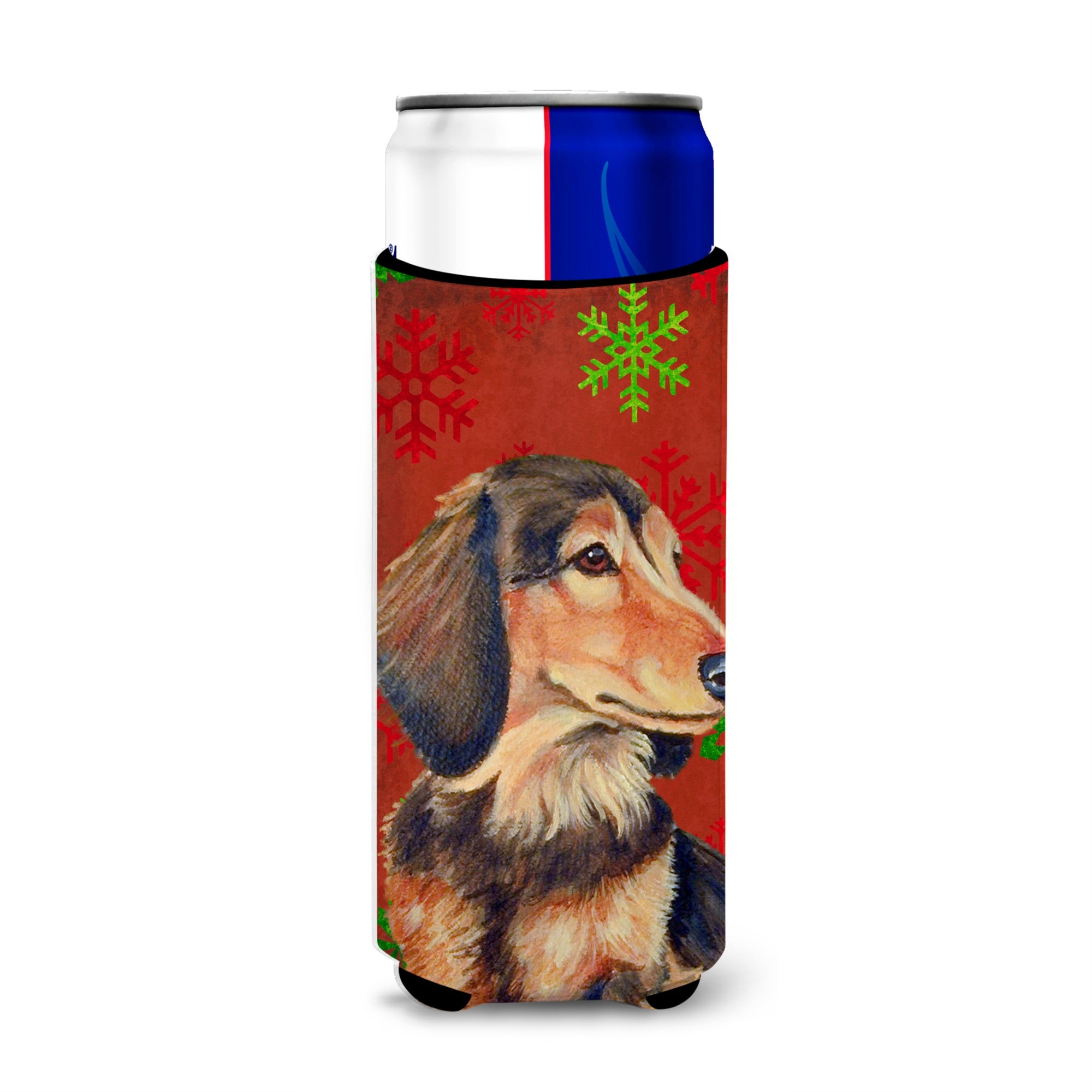 Dachshund Red And Green Snowflakes Holiday Christmas Ultra Hugger For Slim Cans