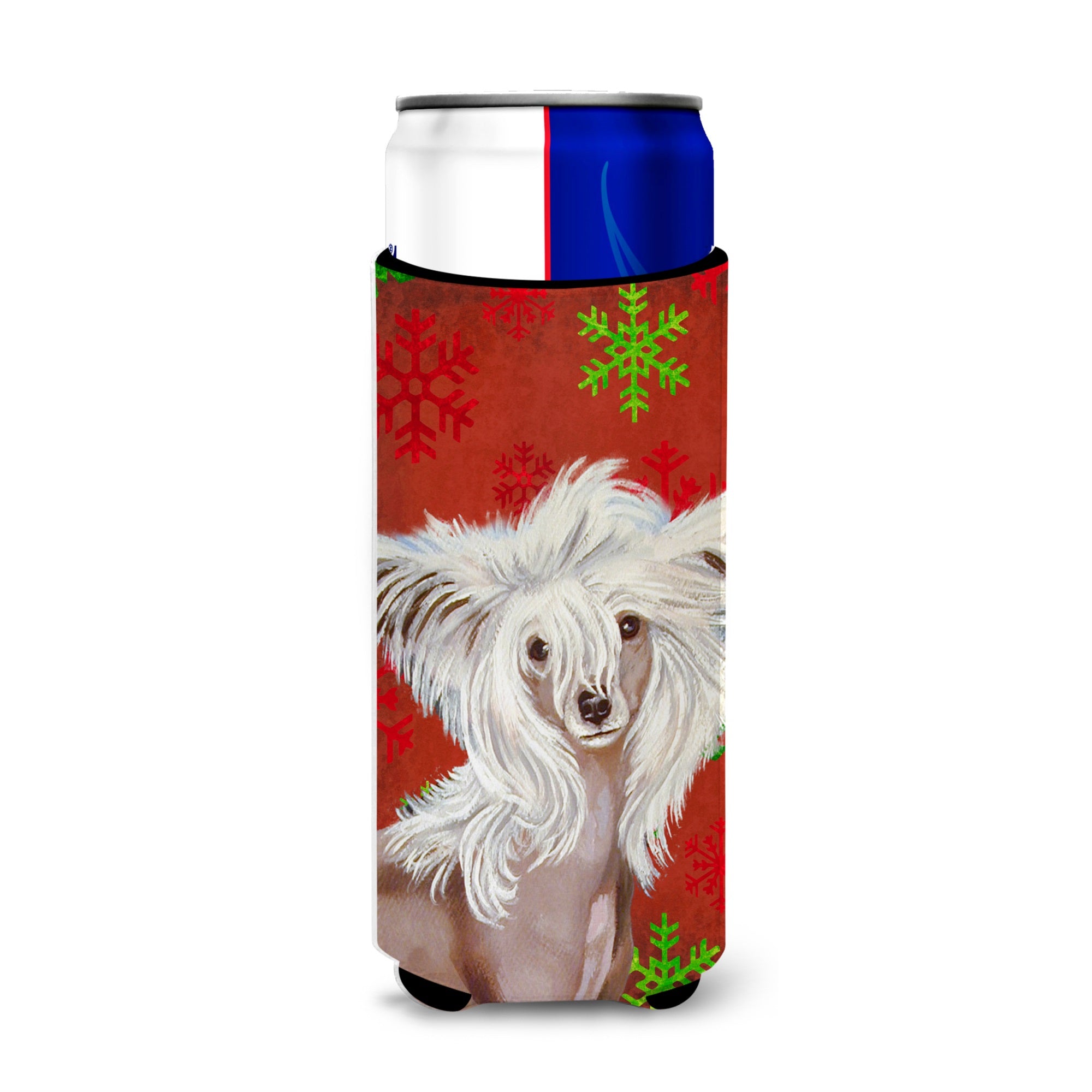 Chinese Crested Red And Green Snowflakes Holiday Christmas Ultra Hugger For Slim Cans