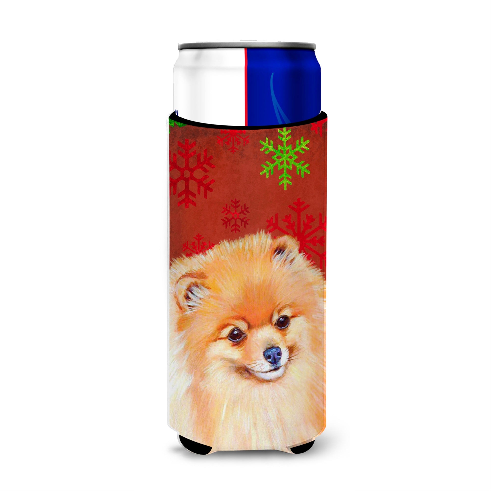 Pomeranian Red And Green Snowflakes Holiday Christmas Ultra Hugger For Slim Cans
